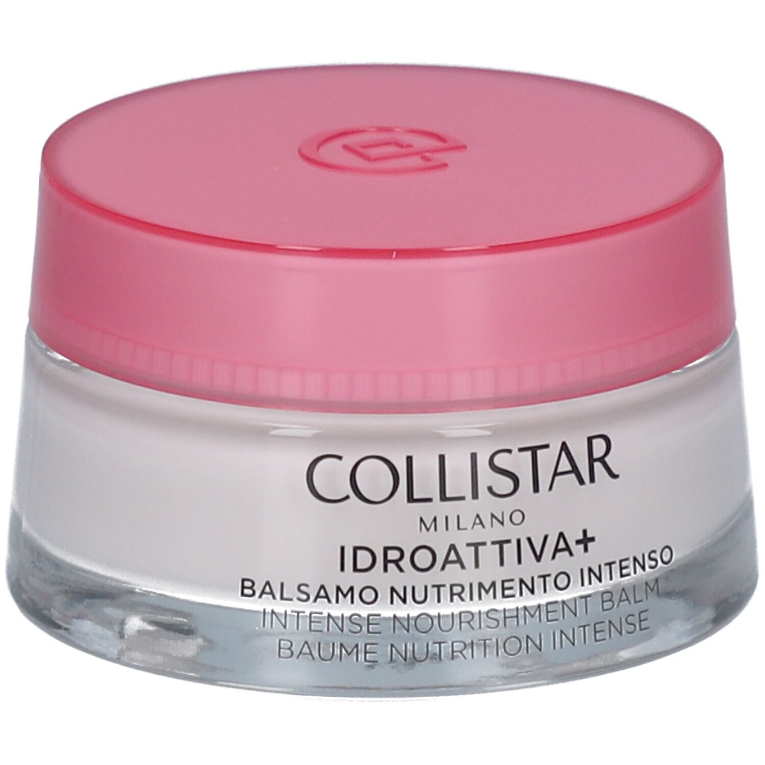 Crèmepot met roze deksel. Opschrift: Collistar, Idroattiva+, Balsamo Nutrimento Intenso.