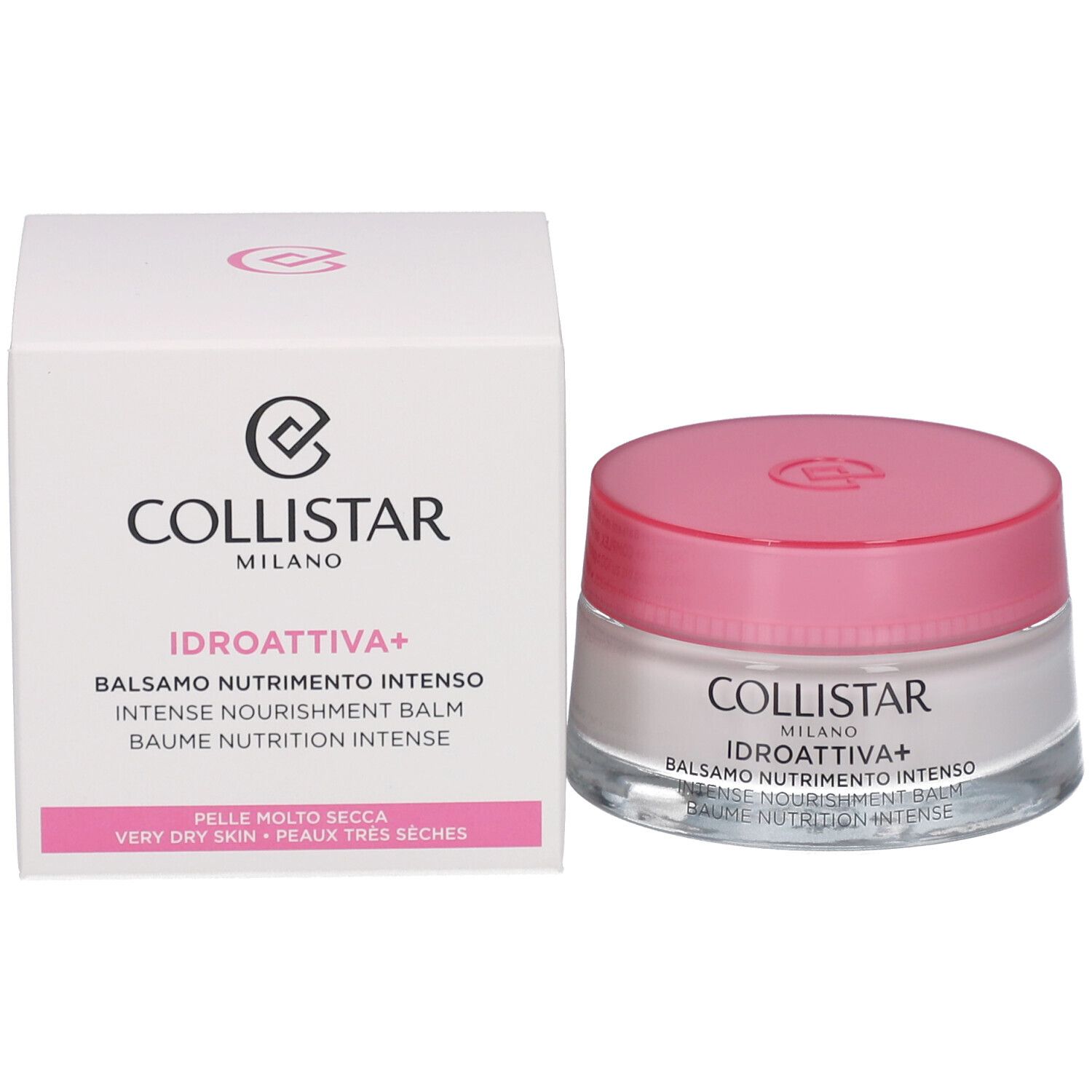 Crèmepot en verpakking. Opschrift: Collistar, Idroattiva+, Balsamo Nutrimento Intenso. Voor zeer droge huid.
