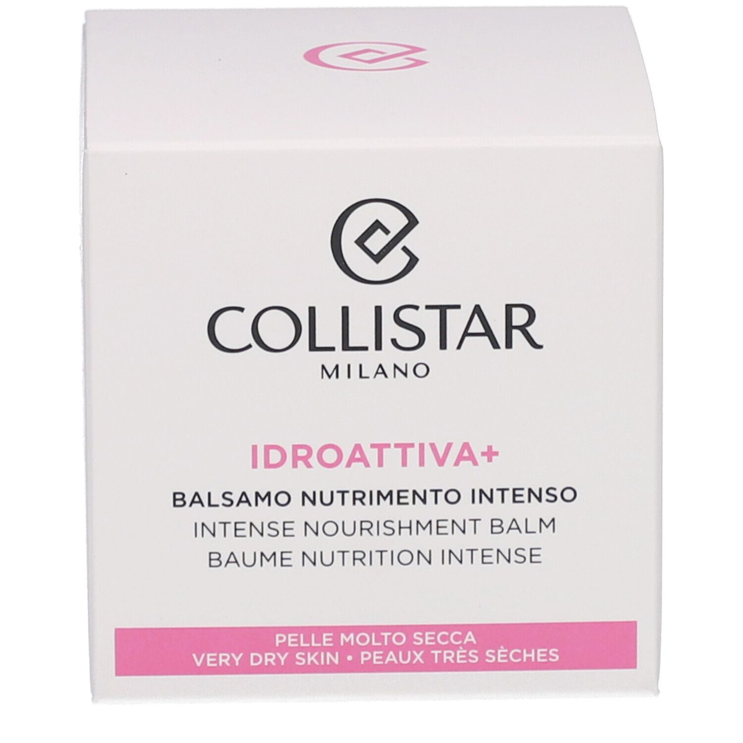 Verpakking. Opschrift: Collistar, Idroattiva+, Balsamo Nutrimento Intenso. Voor zeer droge huid.