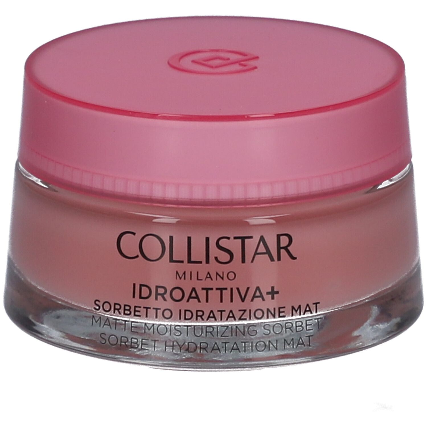Ronde pot met roze deksel. Opschrift: COLLISTAR MILANO, IDROATTIVA+ Sorbetto Idratatione Mat.