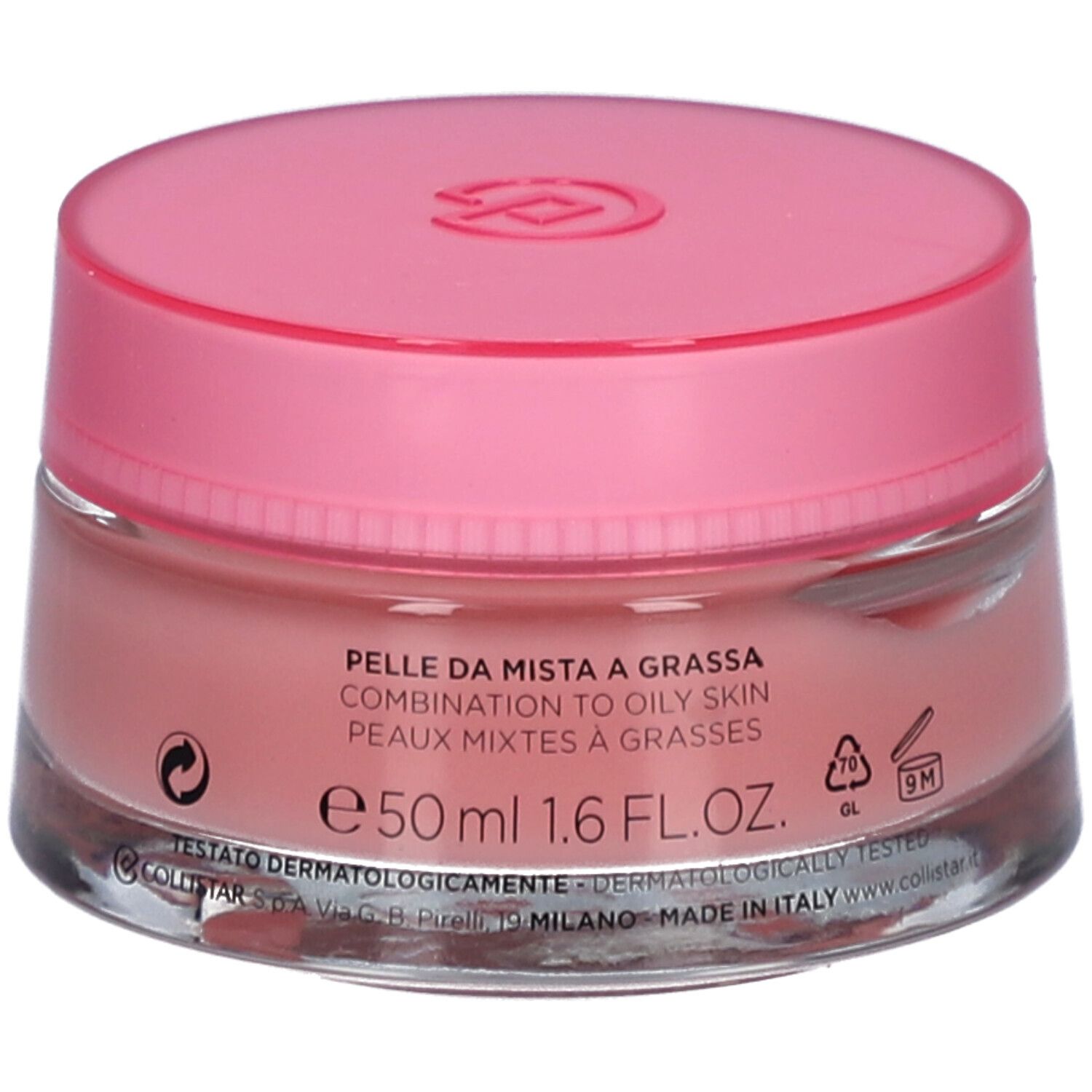 Ronde pot met roze deksel. Opschrift: COLLISTAR MILANO, IDROATTIVA+ Sorbetto Idratatione Mat.