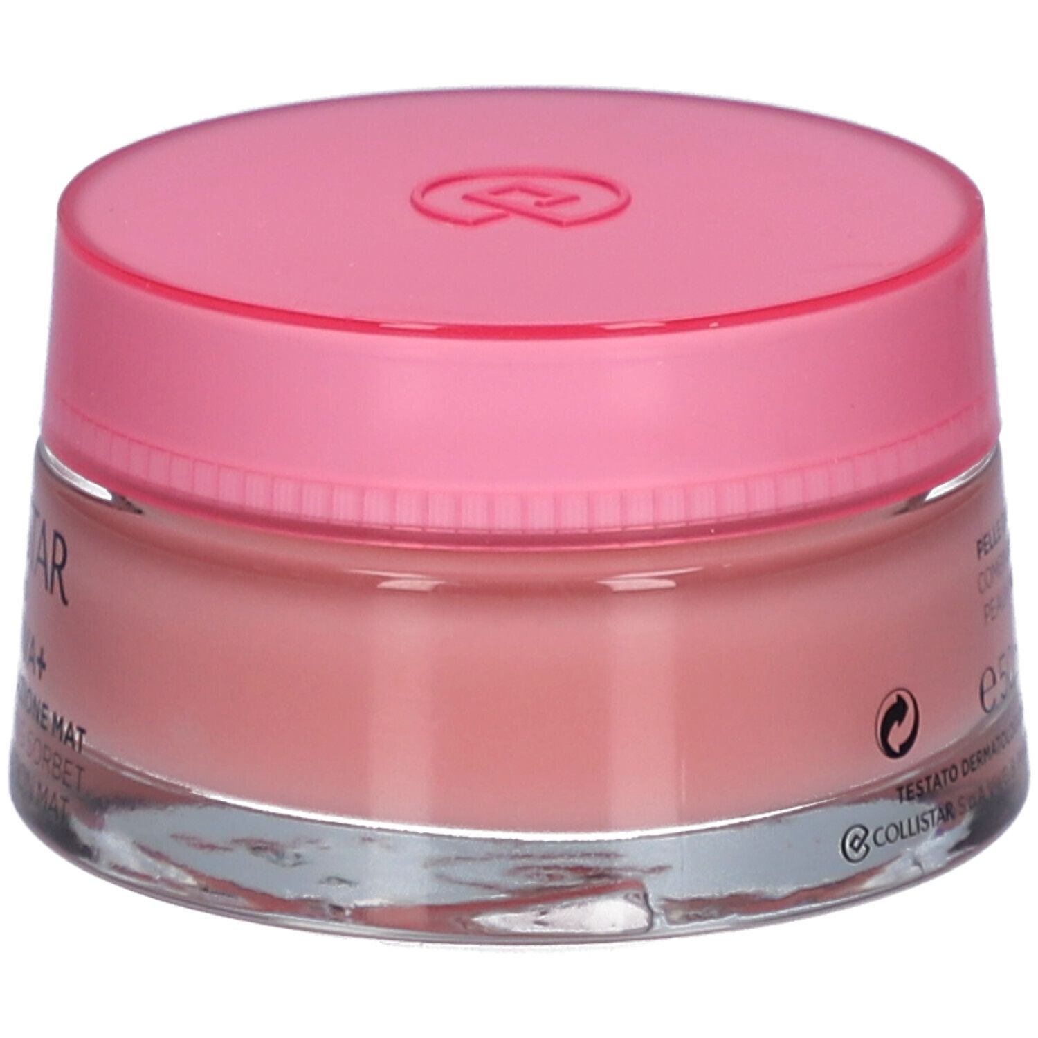 Ronde pot met roze deksel. Opschrift: COLLISTAR MILANO, IDROATTIVA+ Sorbetto Idratatione Mat.