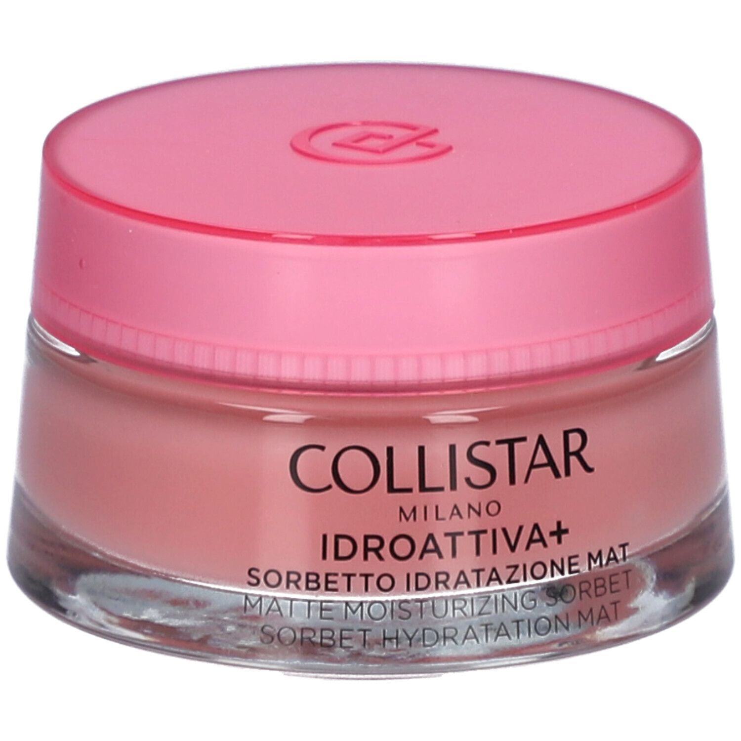 Ronde pot met roze deksel. Opschrift: COLLISTAR MILANO, IDROATTIVA+ Sorbetto Idratatione Mat.