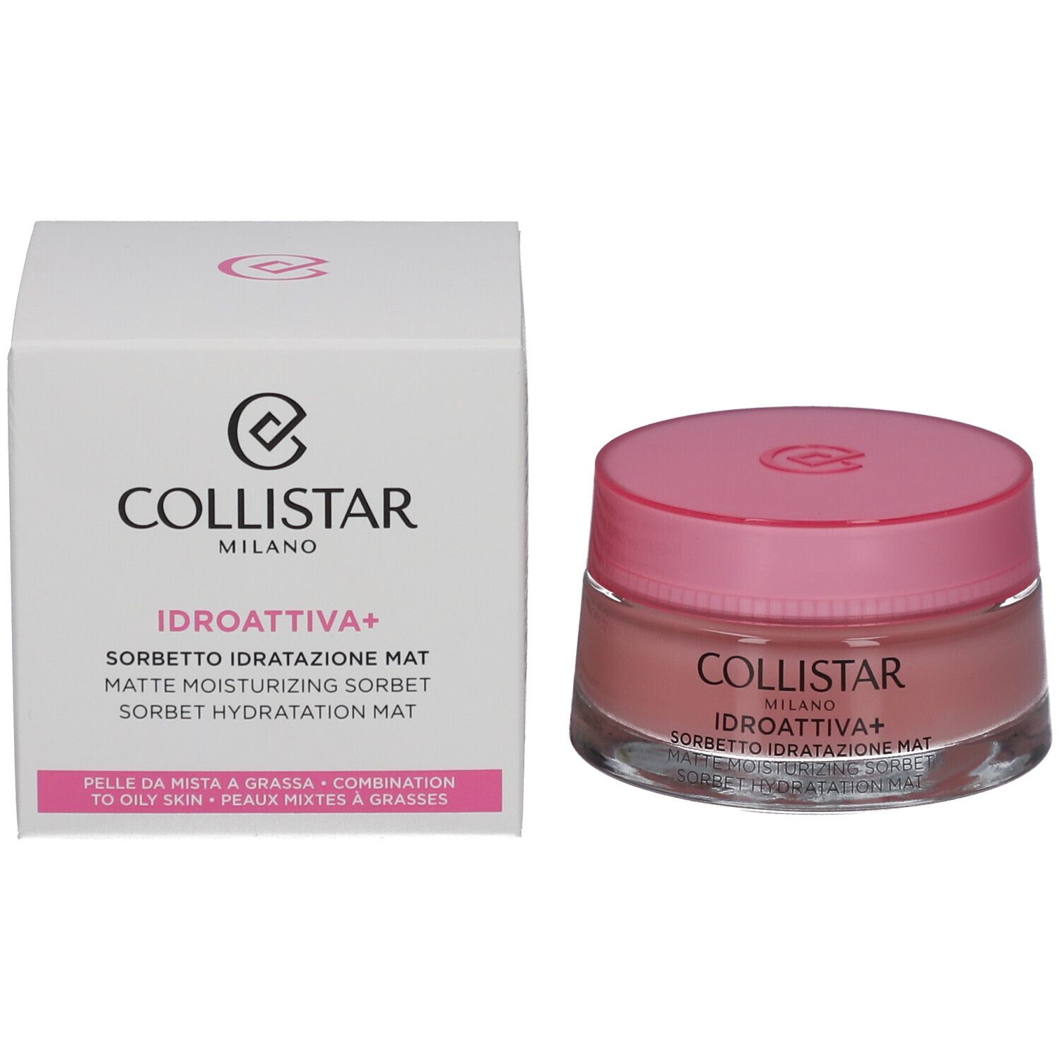 Verpakking en pot. Opschrift: COLLISTAR MILANO, IDROATTIVA+ Sorbetto Idratatione Mat.