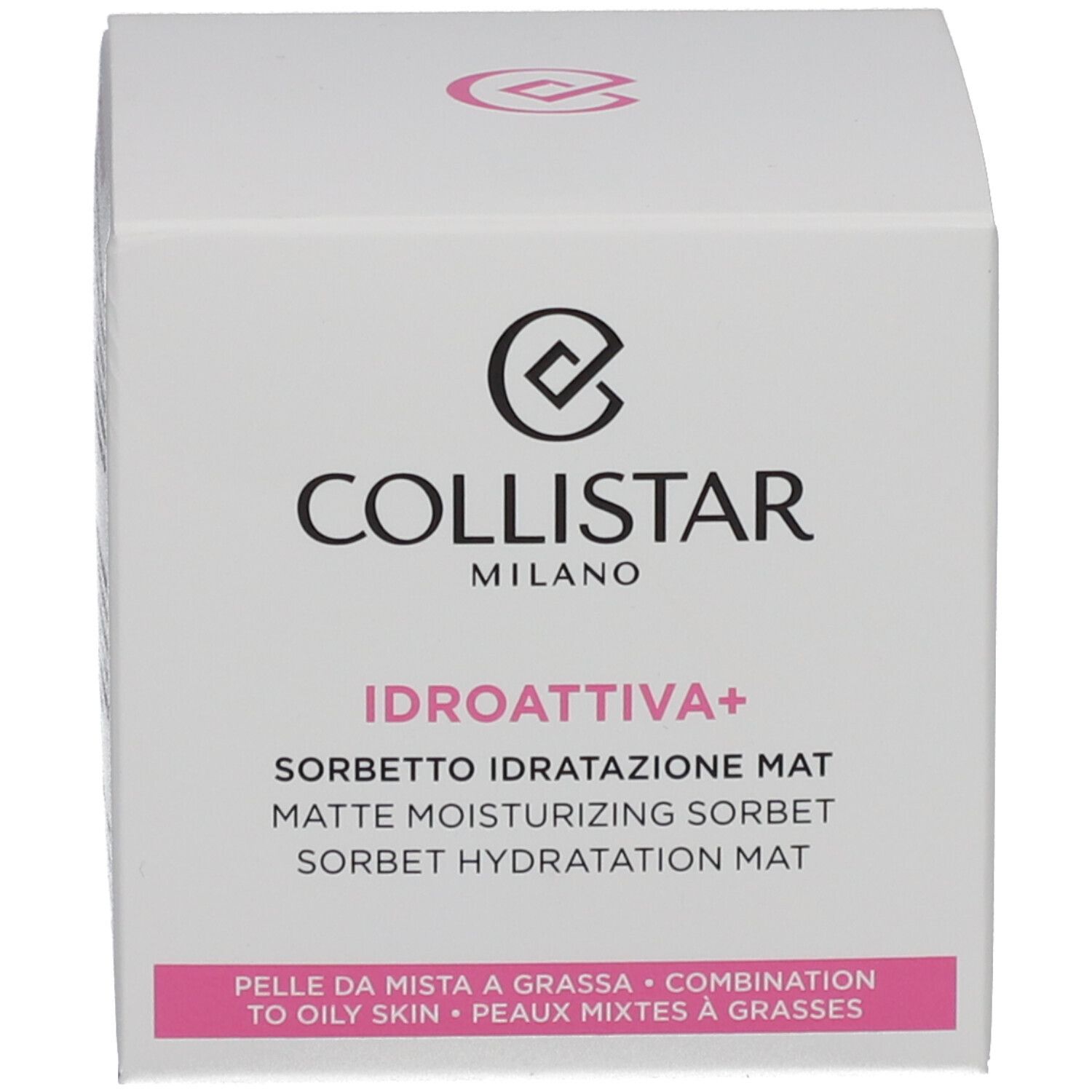 Productverpakking. Opschrift: COLLISTAR MILANO, IDROATTIVA+ Sorbetto Idratatione Mat.