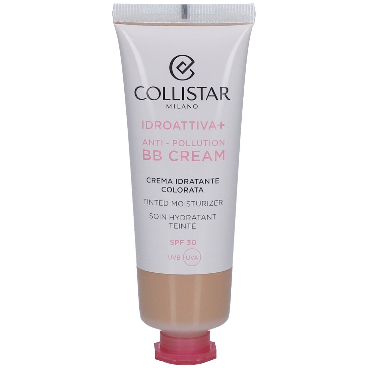 Collistar BB Cream tube. Witte en beige tube met bruine crème. SPF 30. Tekst in het Italiaans en Engels.