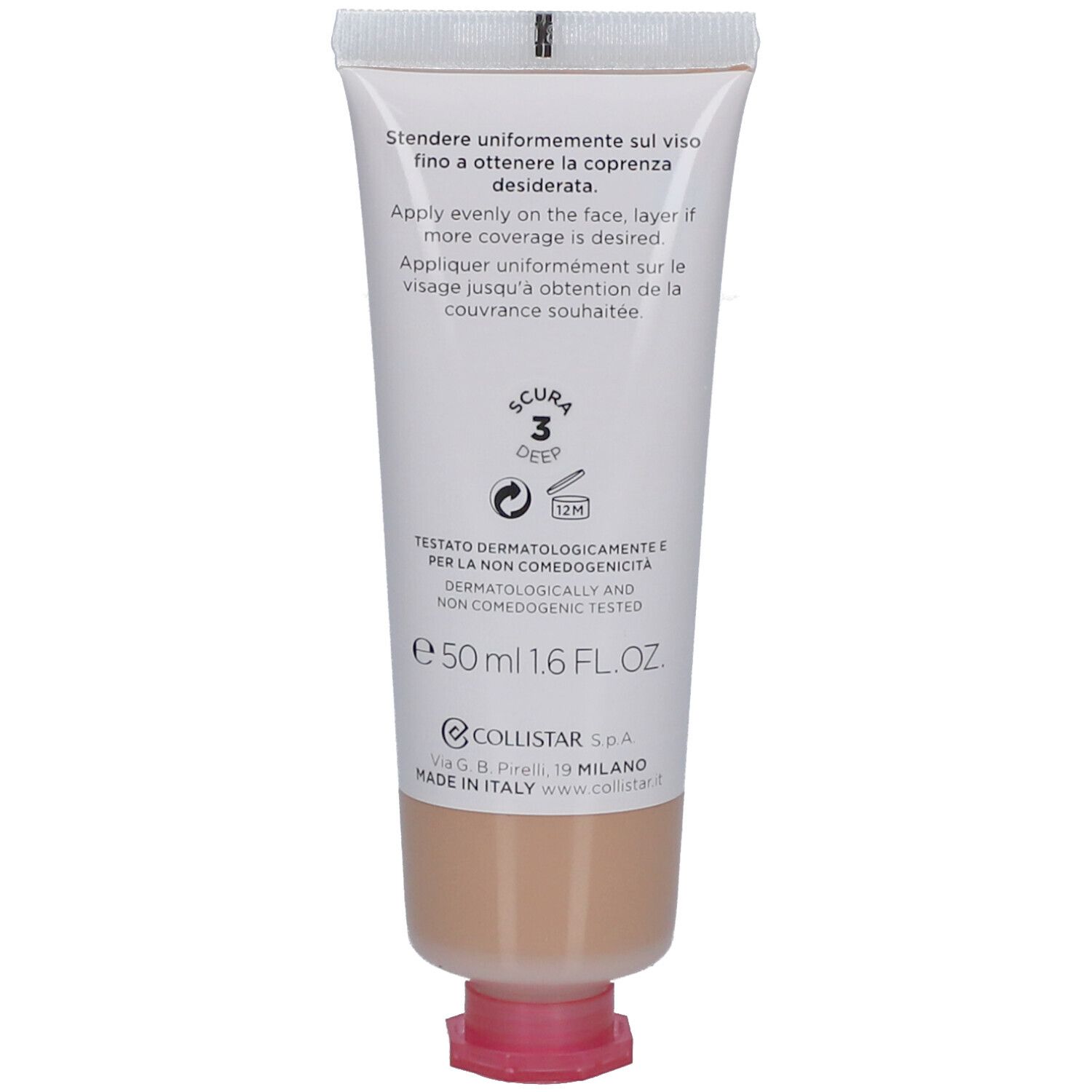 Achterkant van de Collistar BB Cream tube. Tekst in het Italiaans en Engels. 50 ml. Dermatologisch getest.