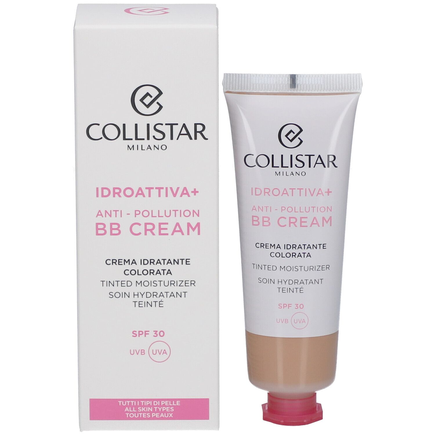 Collistar BB Cream en verpakking. Witte verpakking met tube. Tekst in het Italiaans en Engels. SPF 30.