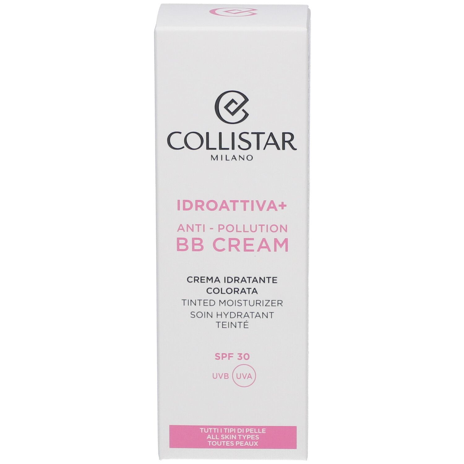 Verpakking van de Collistar BB Cream. Witte verpakking met tekst in het Italiaans en Engels. SPF 30.