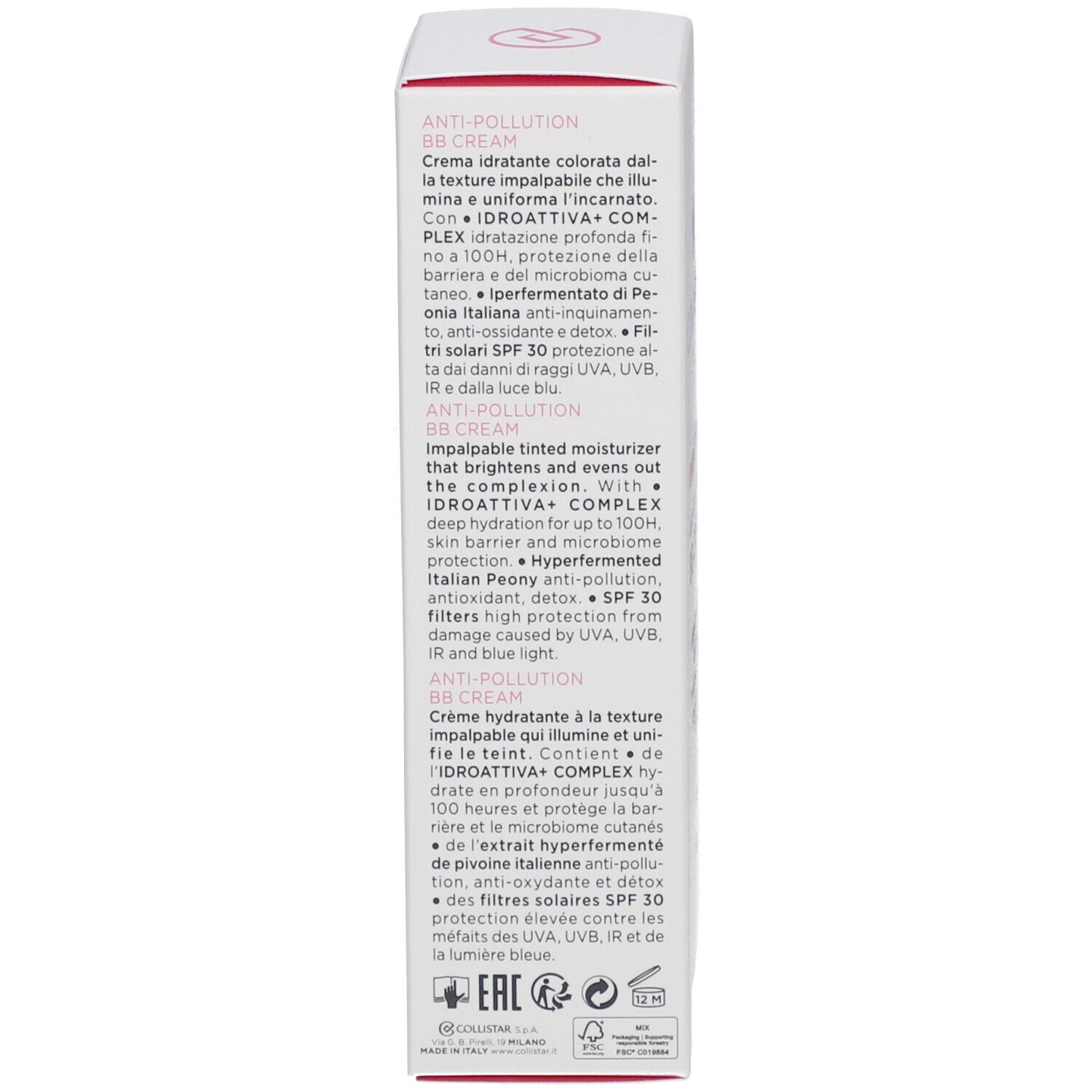 Achterkant van de Collistar BB Cream verpakking. Tekst in het Italiaans en Engels. Ingrediënten en informatie.