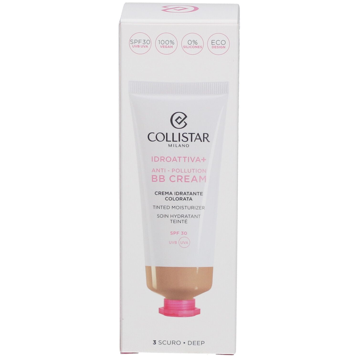 Collistar BB Cream met verpakking. Tube en verpakking. Tekst in het Italiaans en Engels. SPF 30.