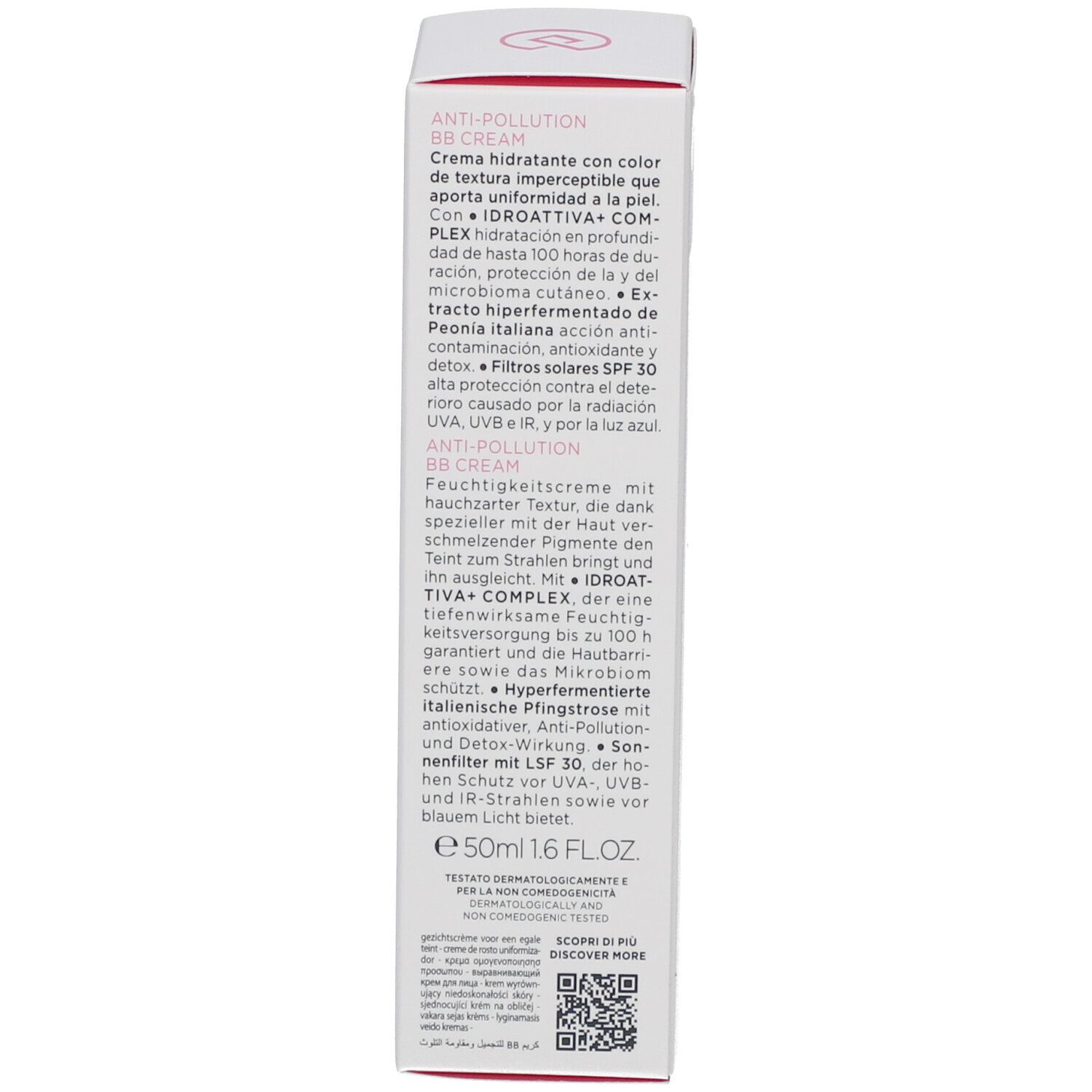 Achterkant van de Collistar BB Cream verpakking. Tekst in het Italiaans en Engels. 50ml. Ingrediënten.