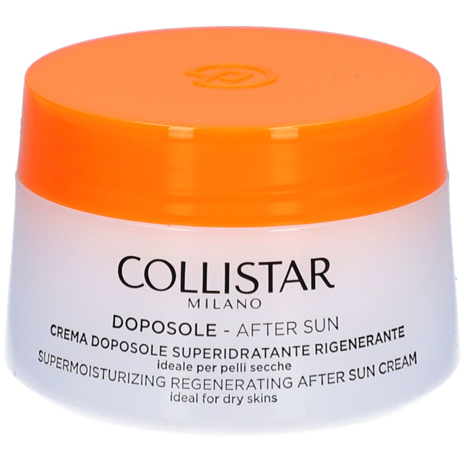 Crèmepot met oranje deksel. Opschrift: COLLISTAR, DOPOSOLE - AFTER SUN, SUPERMOISTURIZING REGENERATING AFTER SUN CREAM.