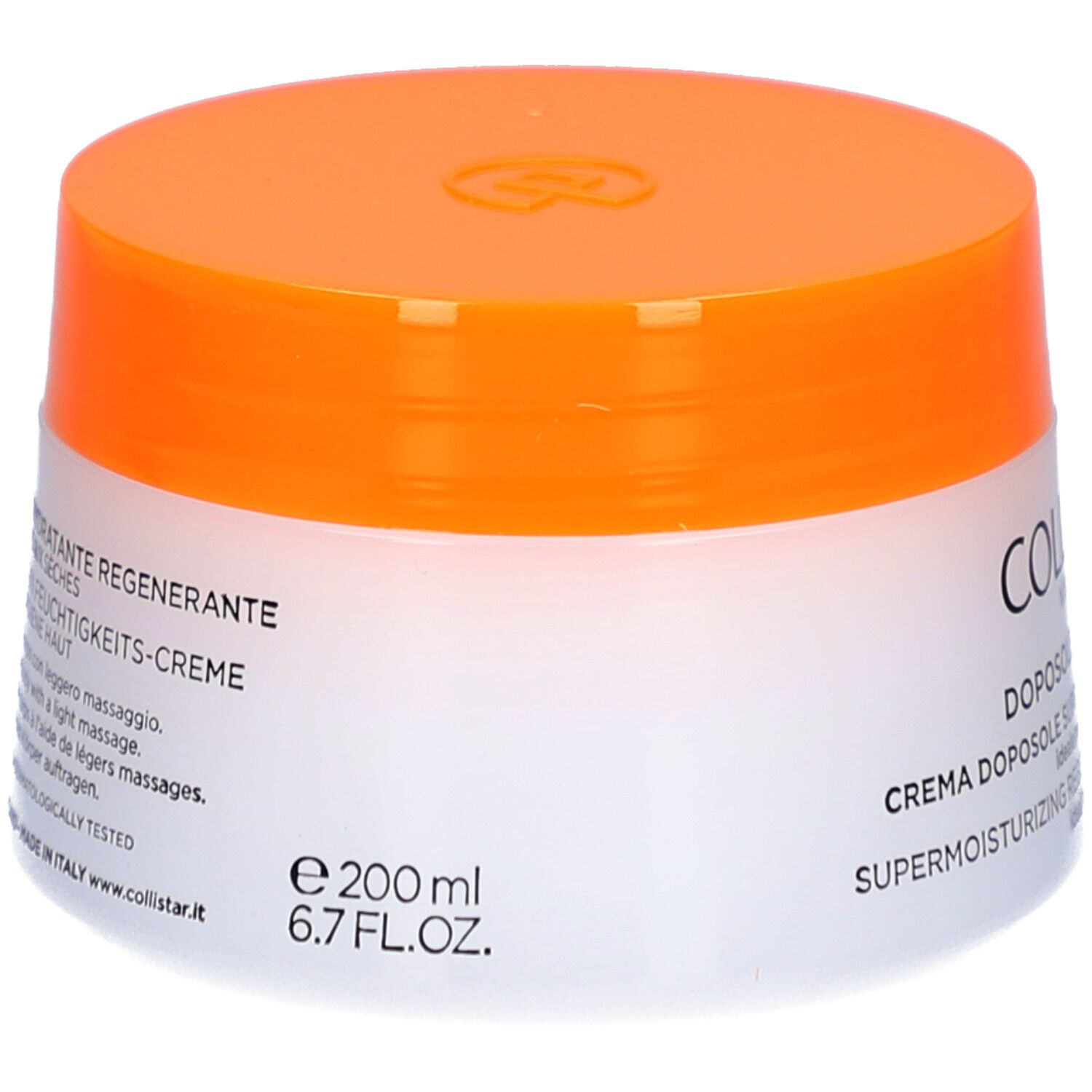 Crèmepot met oranje deksel. Opschrift: DOPOSOLE, CREMA DOPOSOLE SUPERIDRATANTE RIGENERANTE, e 200 ml, 6.7 FL.OZ.