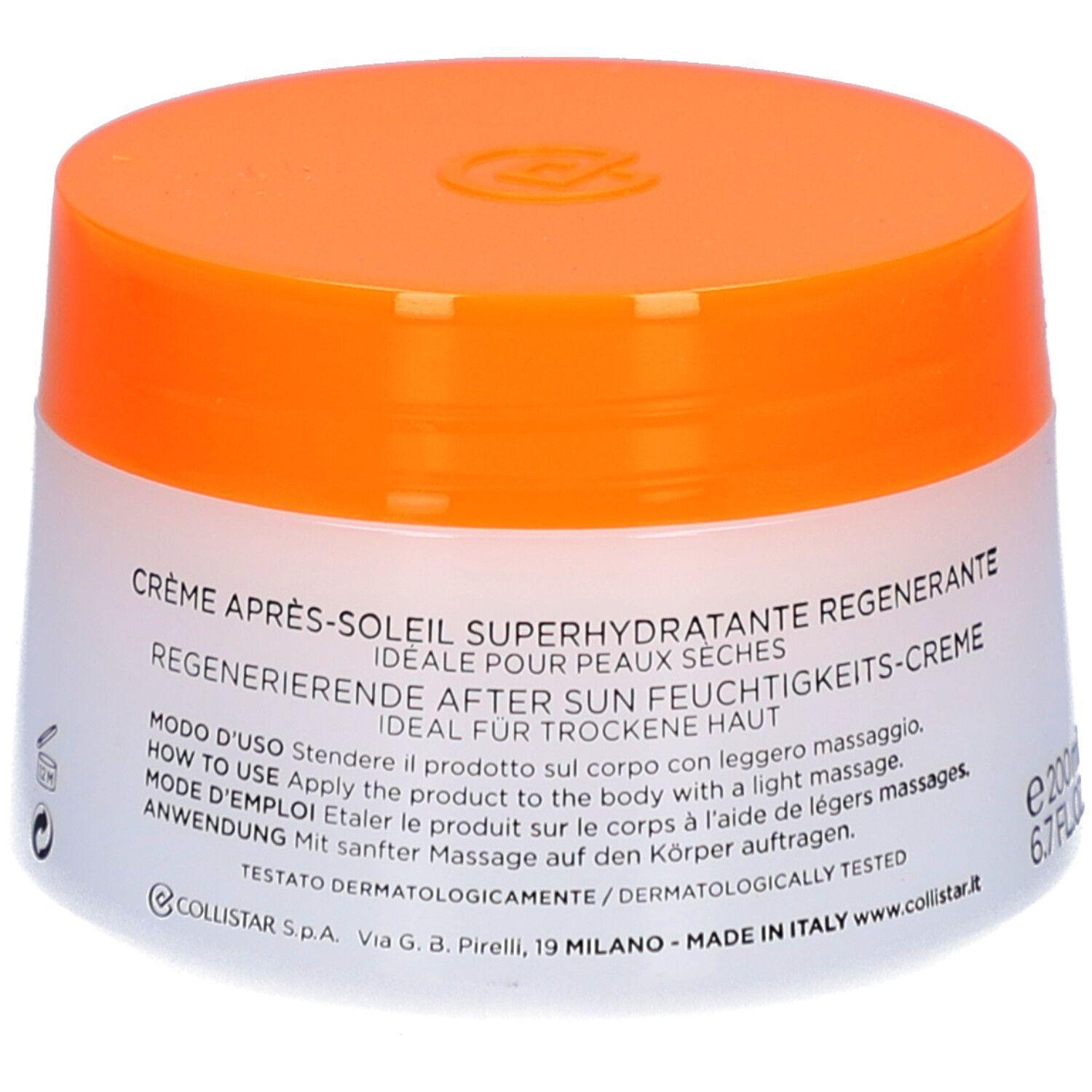 Crèmepot met oranje deksel. Opschrift: CRÈME APRÈS-SOLEIL SUPERHYDRATANTE RÉGÉNÉRANTE, ideal voor de droge huid, e 200 ml, 6.7 FL.OZ.