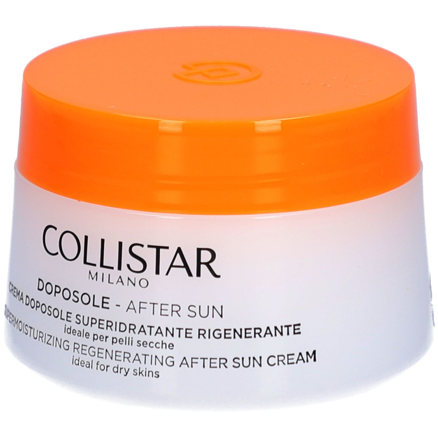 Crèmepot met oranje deksel. Opschrift: COLLISTAR, DOPOSOLE - AFTER SUN, SUPERMOISTURIZING REGENERATING AFTER SUN CREAM.