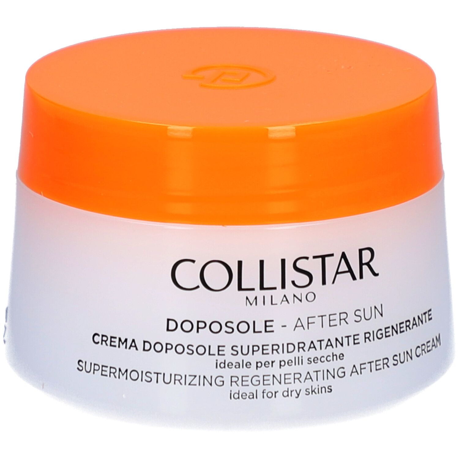 Crèmepot met oranje deksel. Opschrift: COLLISTAR, DOPOSOLE - AFTER SUN, SUPERMOISTURIZING REGENERATING AFTER SUN CREAM.