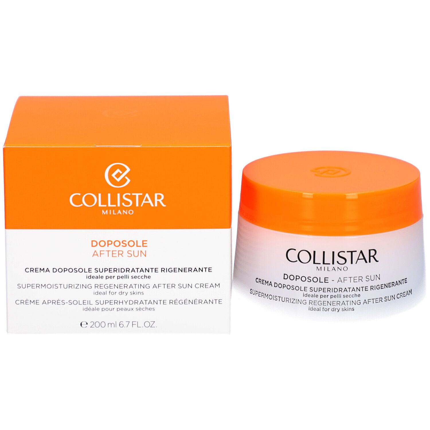 Crèmepot en doos. Opschrift: COLLISTAR, DOPOSOLE - AFTER SUN, SUPERMOISTURIZING REGENERATING AFTER SUN CREAM, e 200 ml.