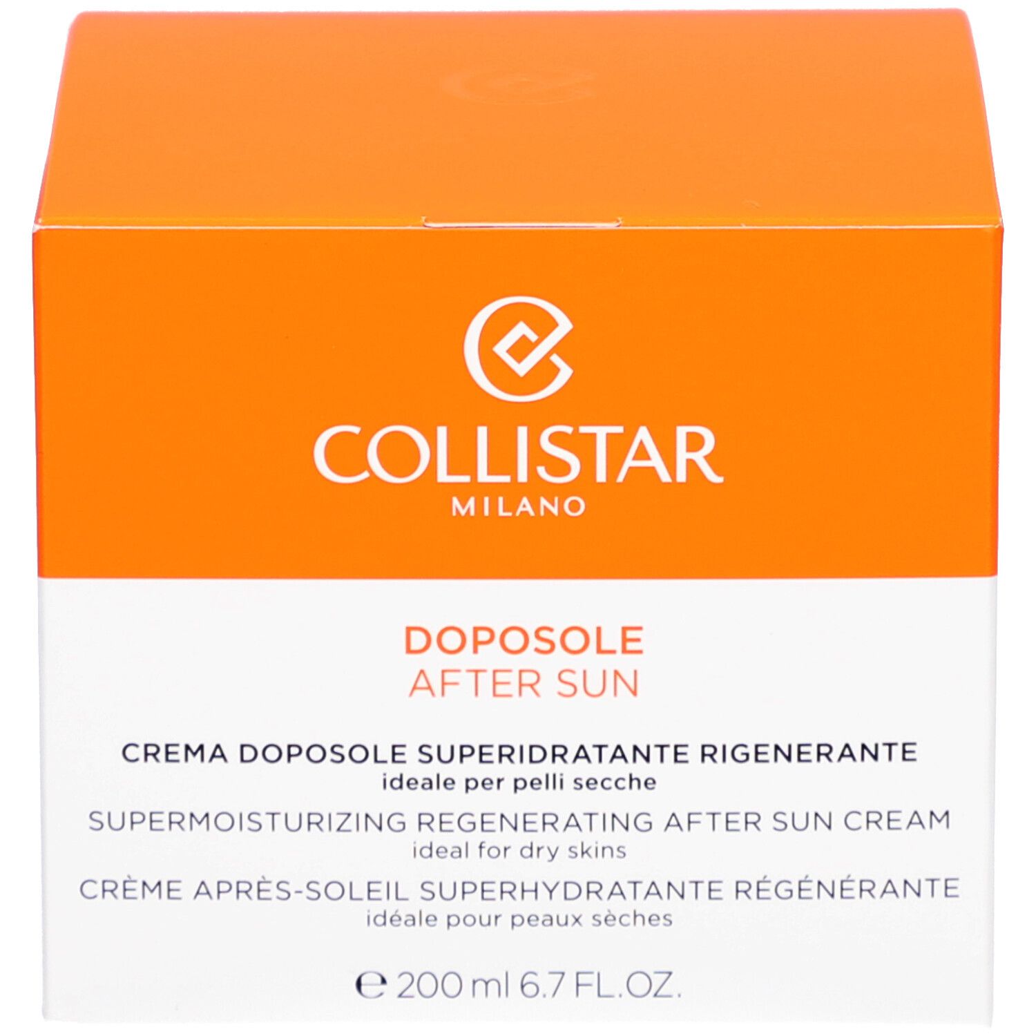 Doos met oranje deksel. Opschrift: COLLISTAR, DOPOSOLE - AFTER SUN, SUPERMOISTURIZING REGENERATING AFTER SUN CREAM, e 200 ml.