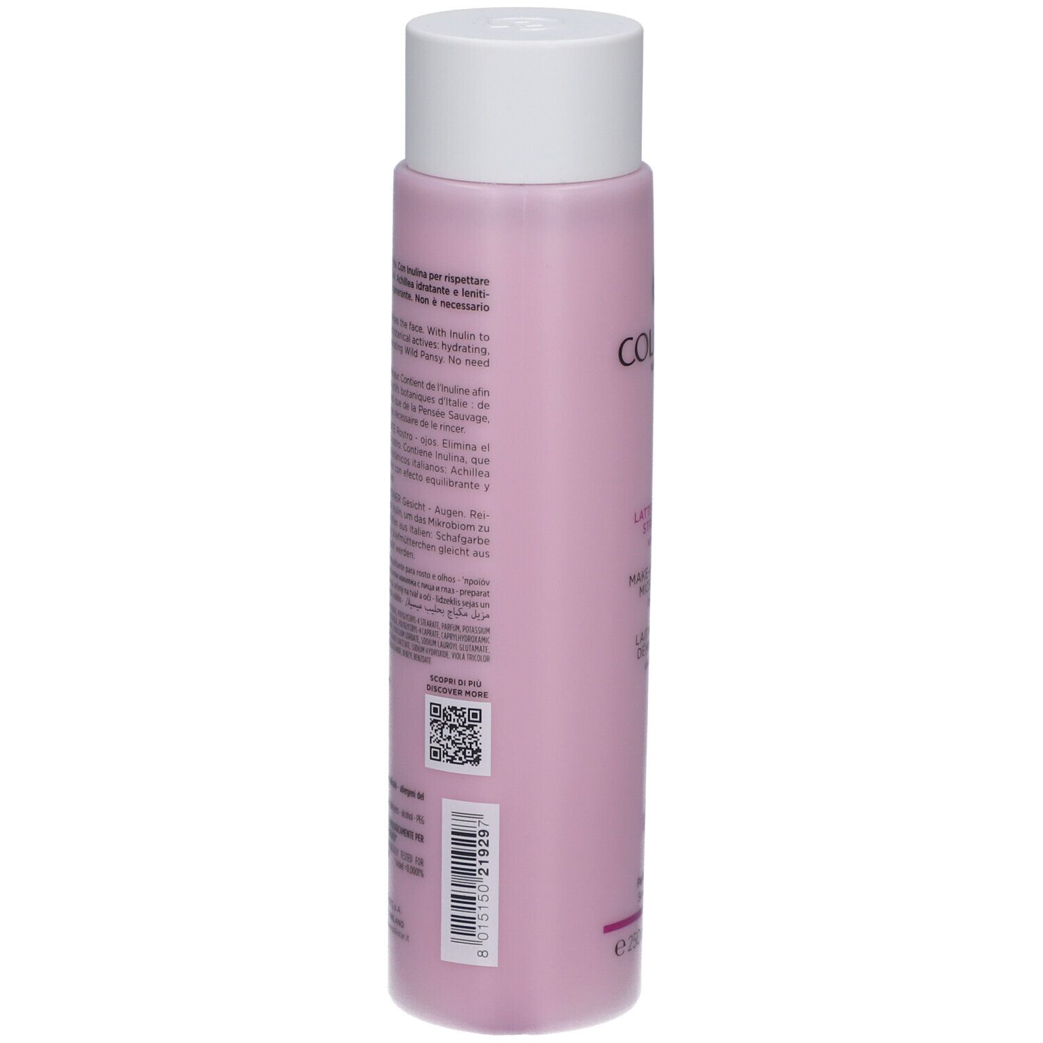 Achterkant van roze fles met witte dop. Meertalige tekst. QR-code en barcode.
