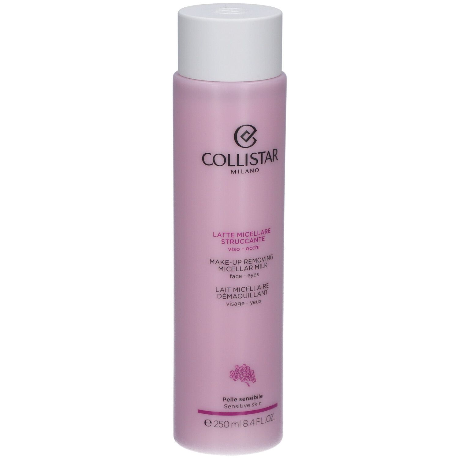 Roze fles met witte dop. Opschrift: Collistar Milano, Lait Micellaire Démaquillant. Voor gevoelige huid.