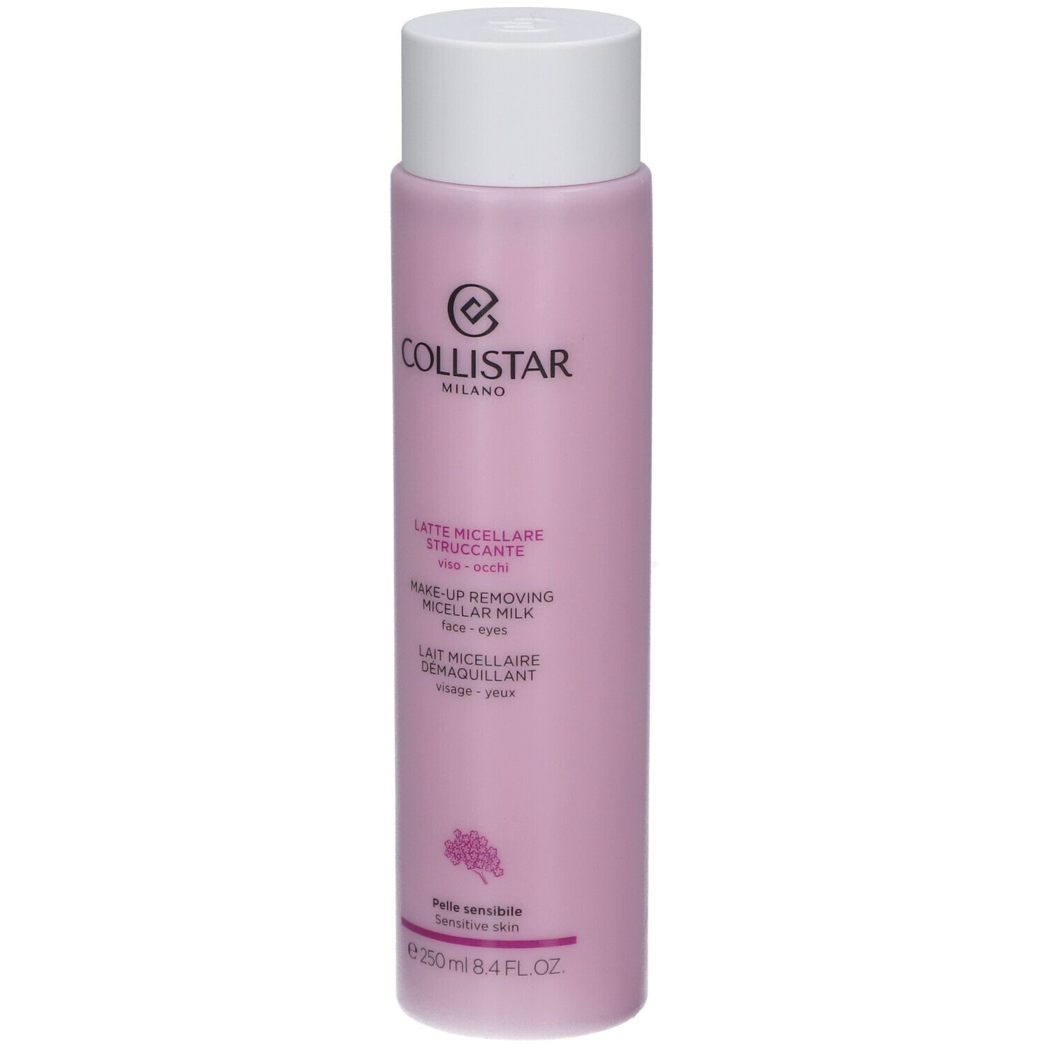 Roze fles met witte dop. Opschrift: Collistar Milano, Lait Micellaire Démaquillant. Voor gevoelige huid.