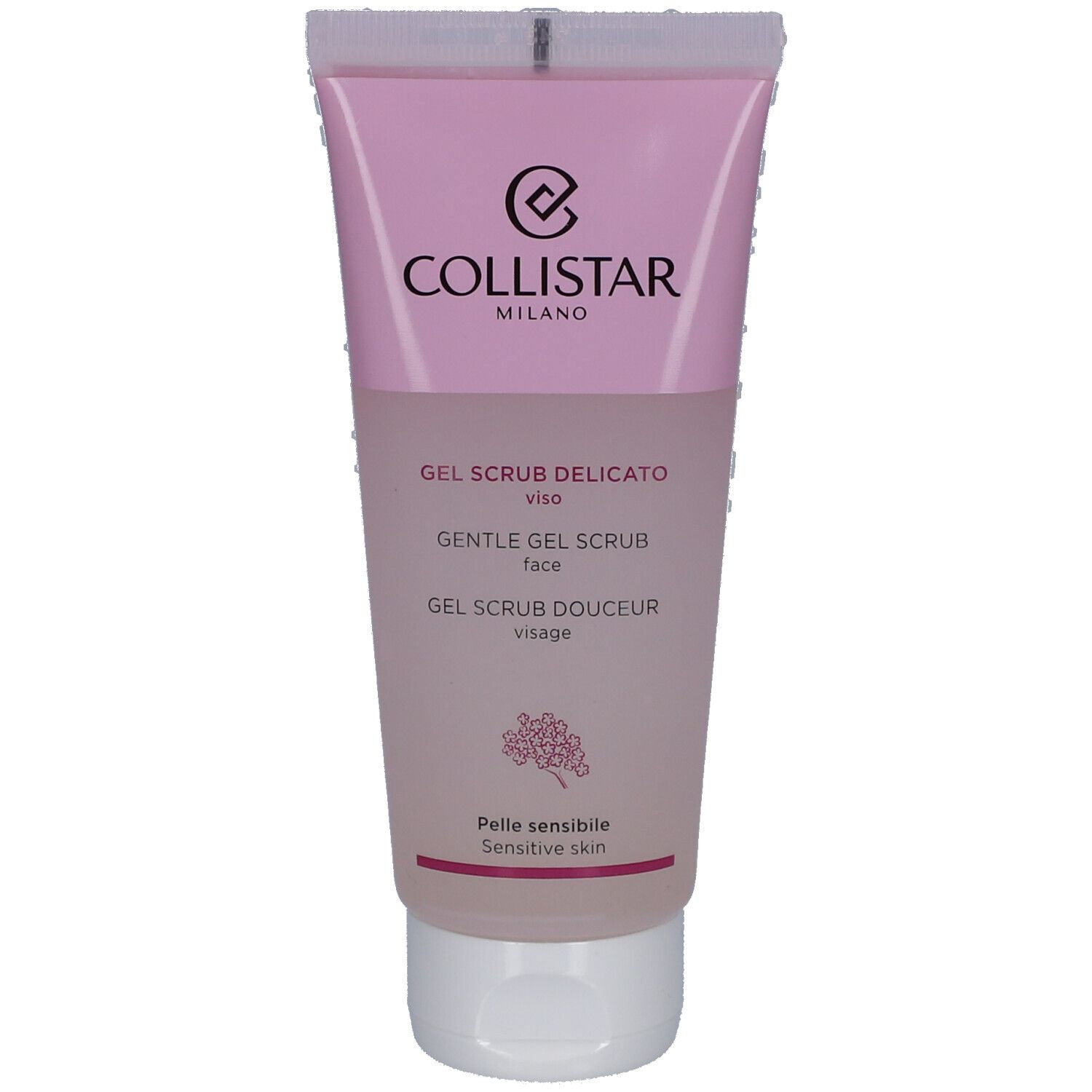 Roze tube met witte dop. Bovenin "Collistar Milano". Daaronder "Gel Scrub Delicato Viso". Voor de gevoelige huid.