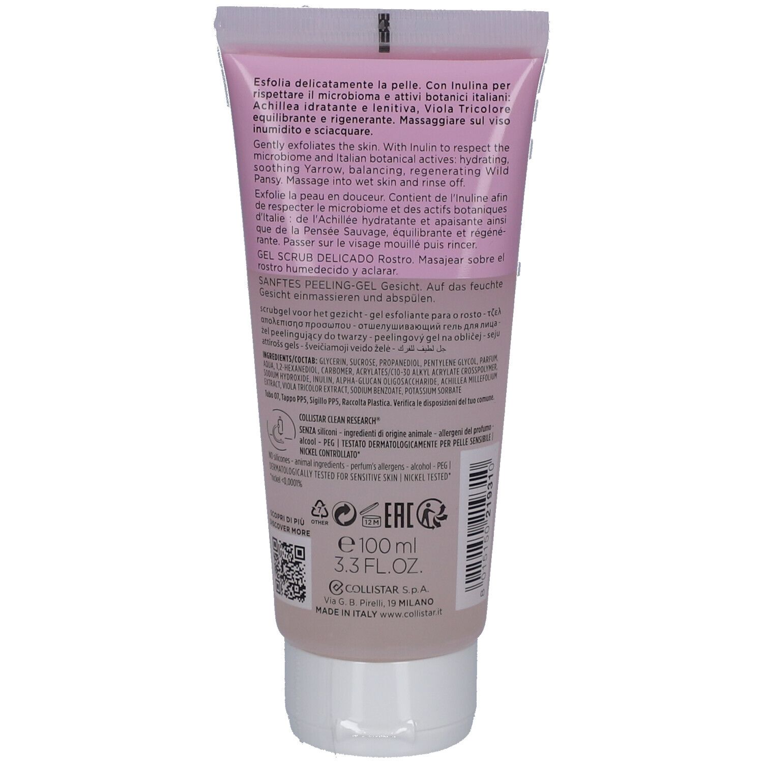 Achterkant van de tube. Tekst in meerdere talen. Ingrediënten en informatie. 100 ml, 3.3 FL.OZ. Logo "Collistar".