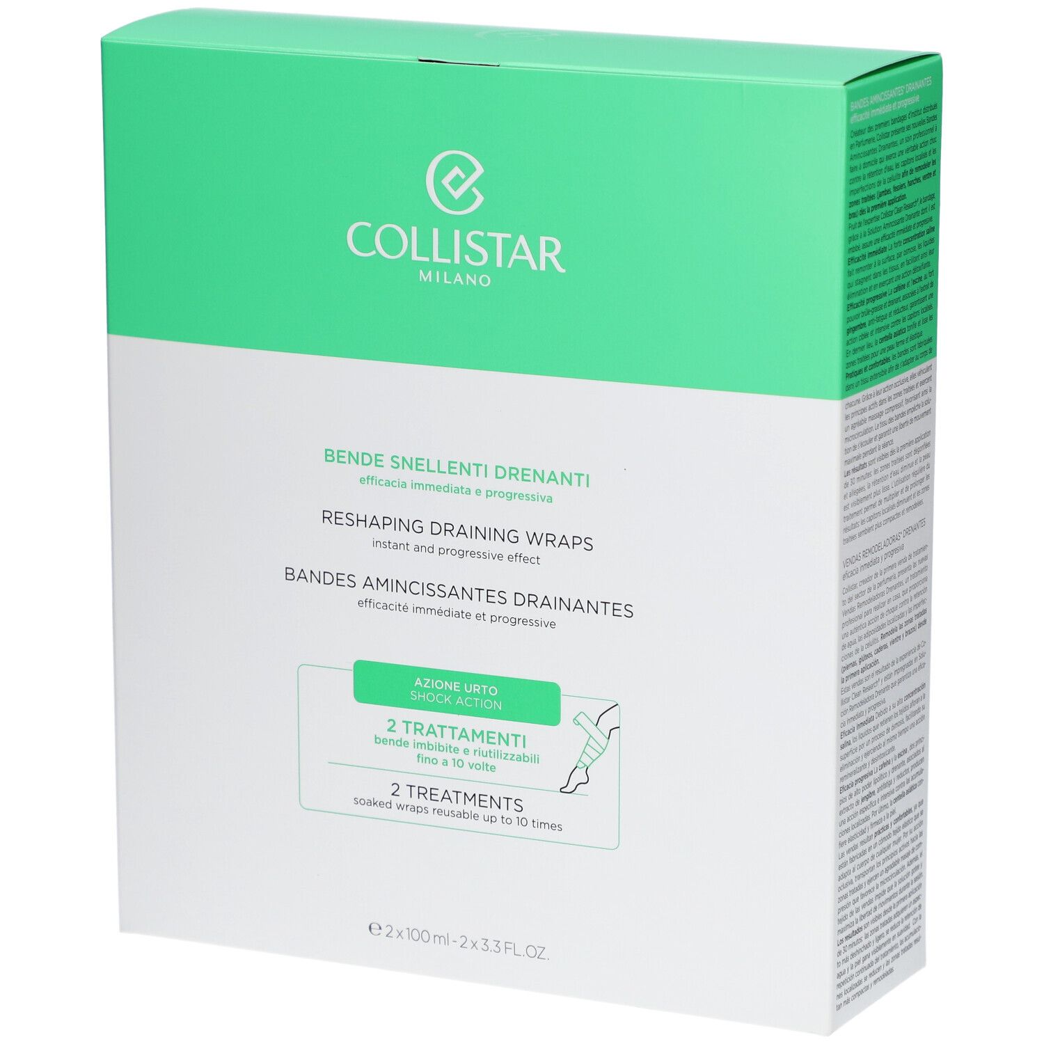 Boîte verte et blanche avec informations produit. Marque Collistar Milano. Contient Bandes Amincissantes Drainantes.