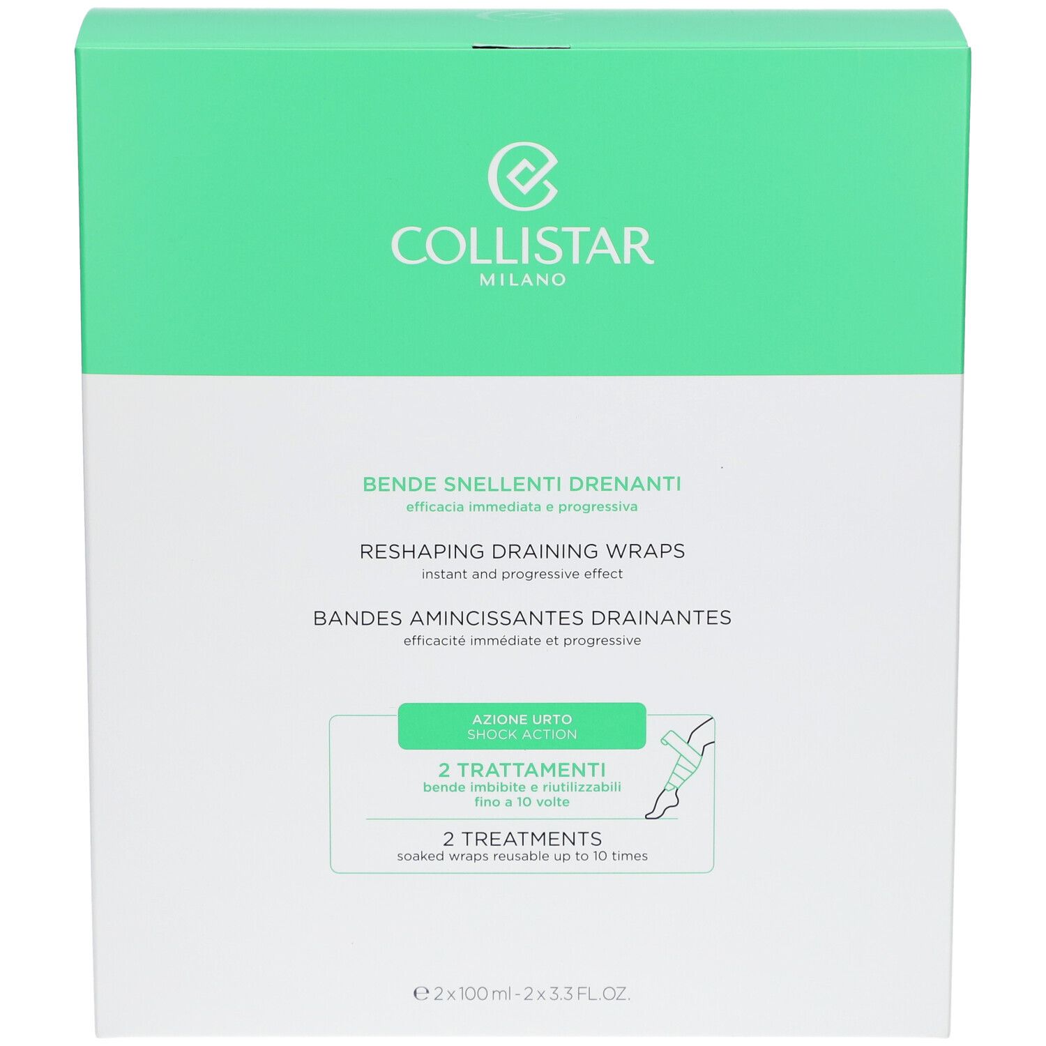 Boîte verte et blanche avec informations produit. Marque Collistar Milano. Contient Bandes Amincissantes Drainantes.