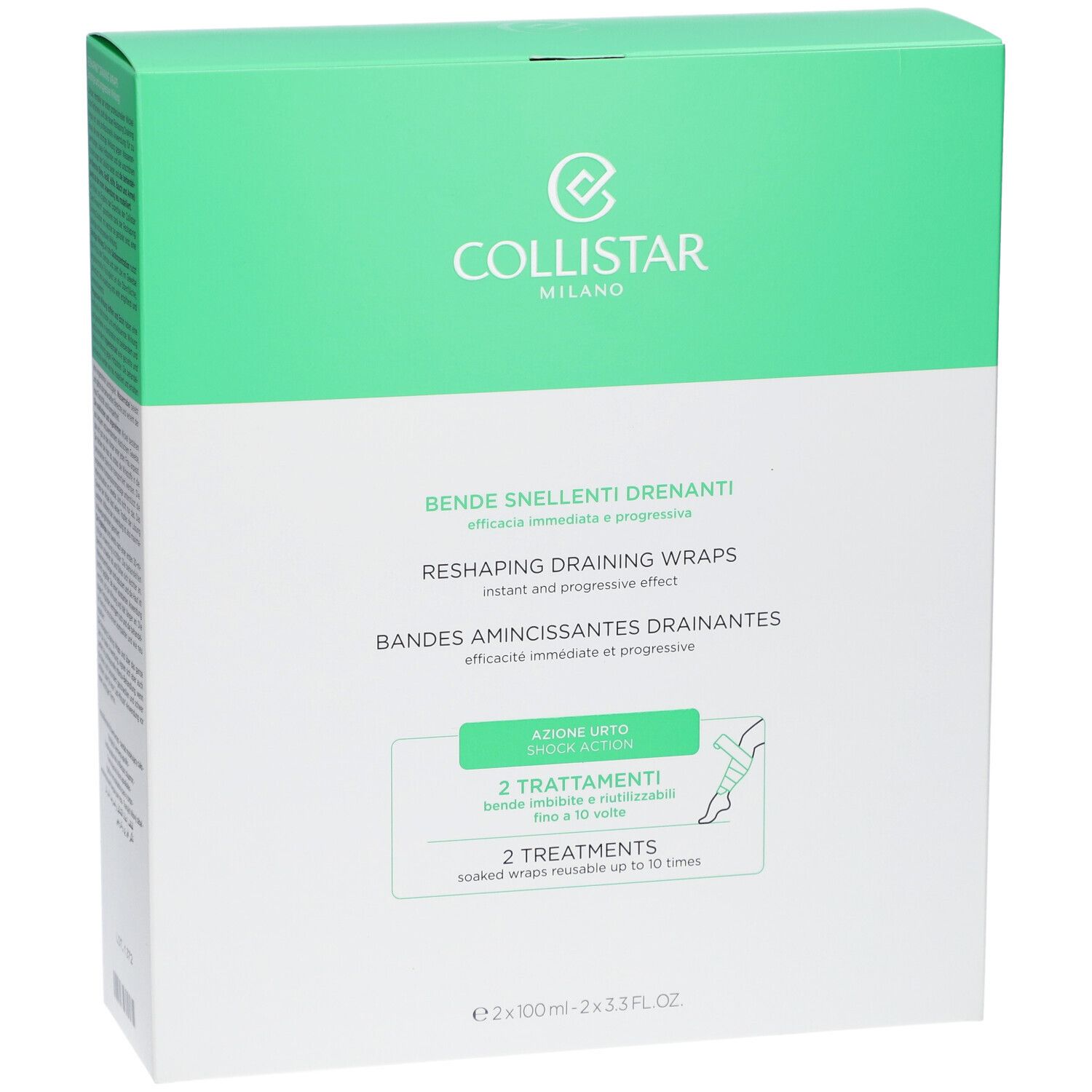 Boîte verte et blanche avec informations produit. Marque Collistar Milano. Contient Bandes Amincissantes Drainantes.