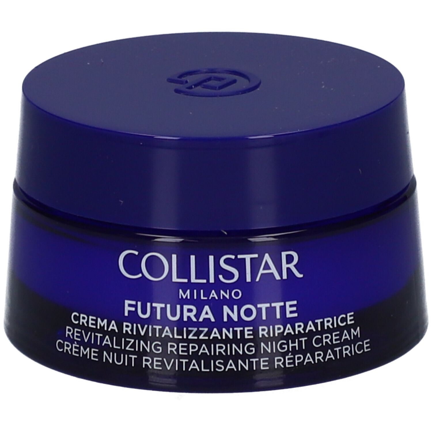 Donkerblauwe crèmepot met deksel. Opschrift: COLLISTAR MILANO FUTURA NOTTE. Revitaliserende nachtcrème.