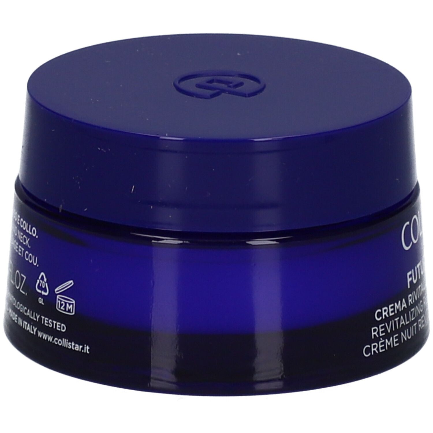 Donkerblauwe crèmepot. Opschrift: COLLISTAR. Tekst: CREMA RIVITALIZZANTE RIPARATRICE. 12M-symbool.