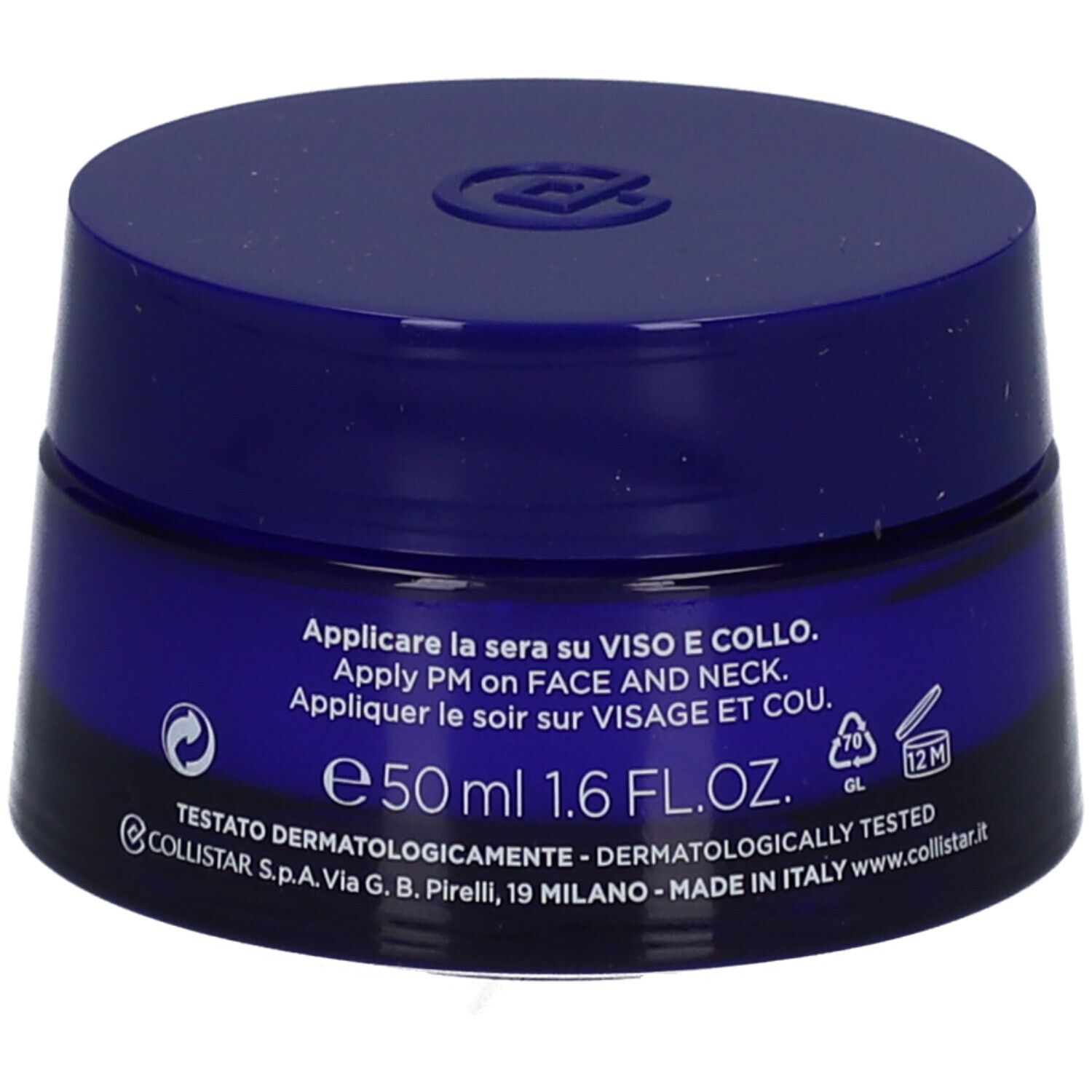 Donkerblauwe crèmepot. Opschrift: 50 ml 1.6 FL.OZ. Tekst: Applicare PM su VISO E COLLO. 12M-symbool.