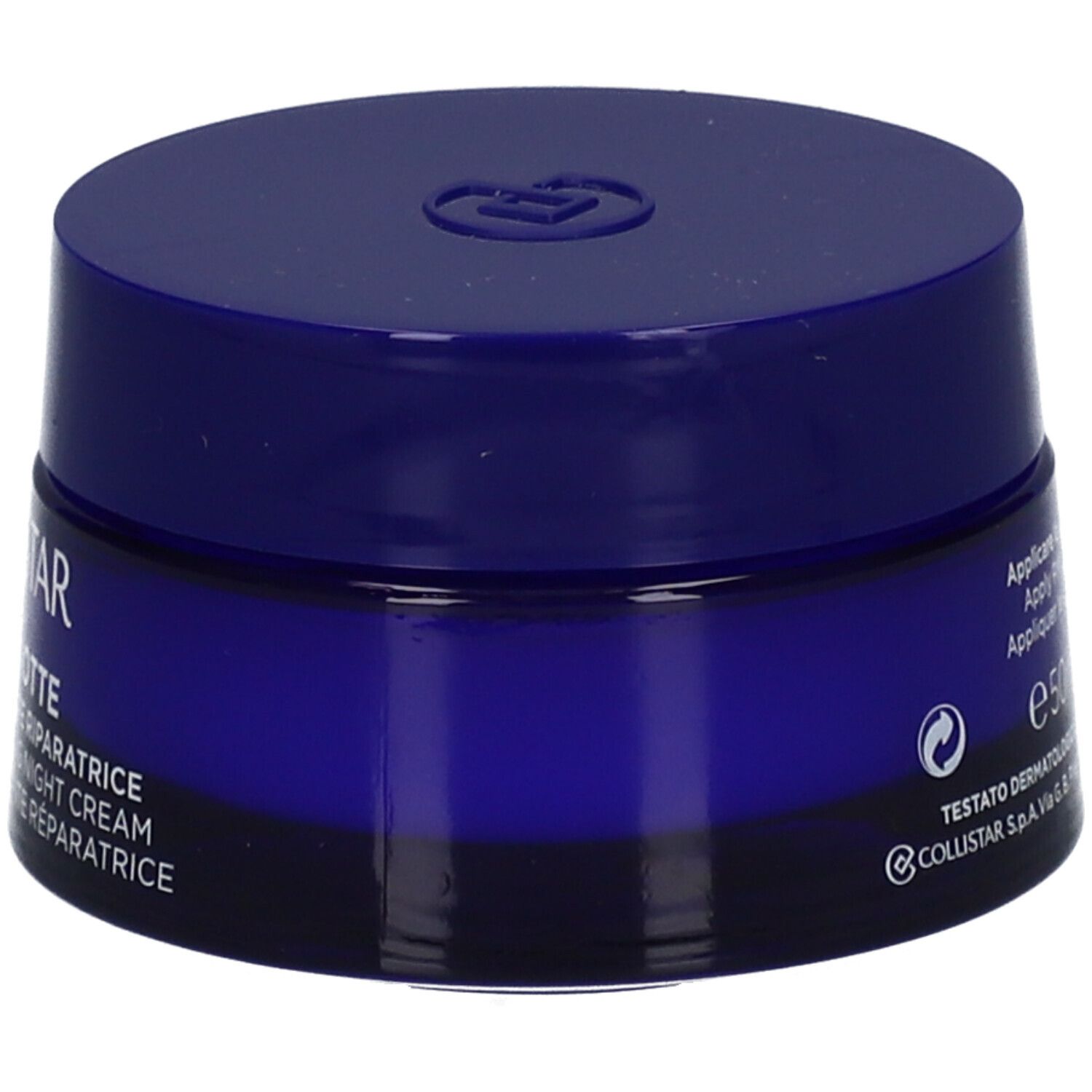 Donkerblauwe crèmepot. Opschrift: COLLISTAR. Tekst: CREMA RIVITALIZZANTE RIPARATRICE. 50 ml.