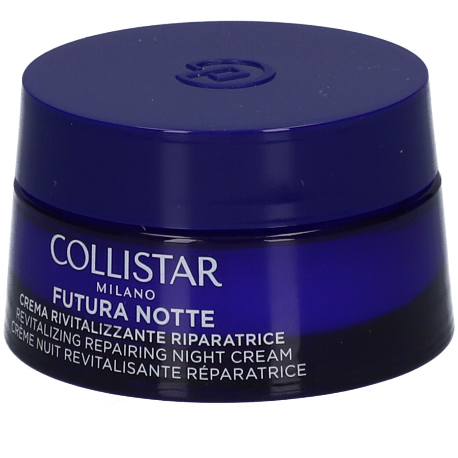 Donkerblauwe crèmepot. Opschrift: COLLISTAR MILANO FUTURA NOTTE. Revitaliserende nachtcrème.