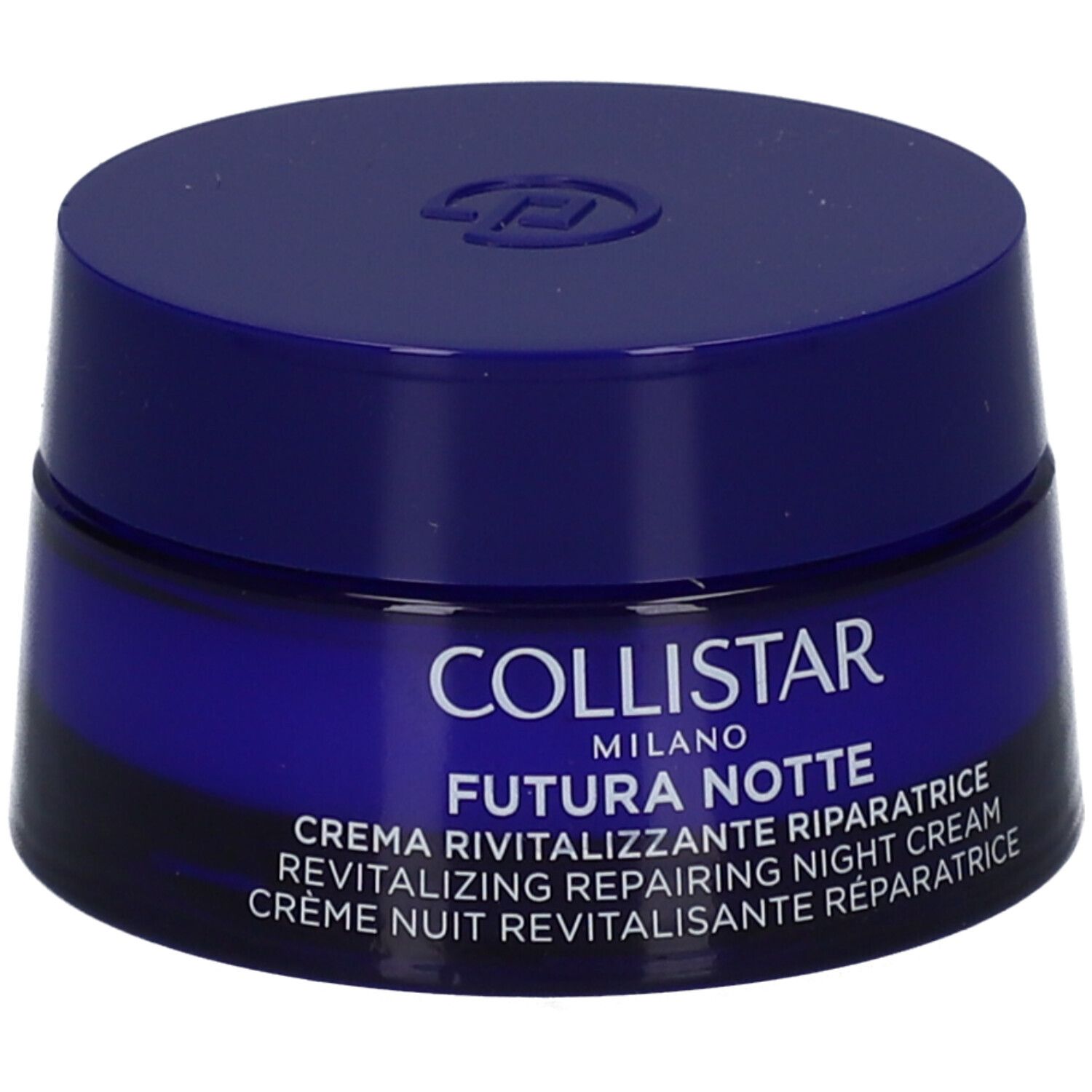 Donkerblauwe crèmepot. Opschrift: COLLISTAR MILANO FUTURA NOTTE. Revitaliserende nachtcrème.
