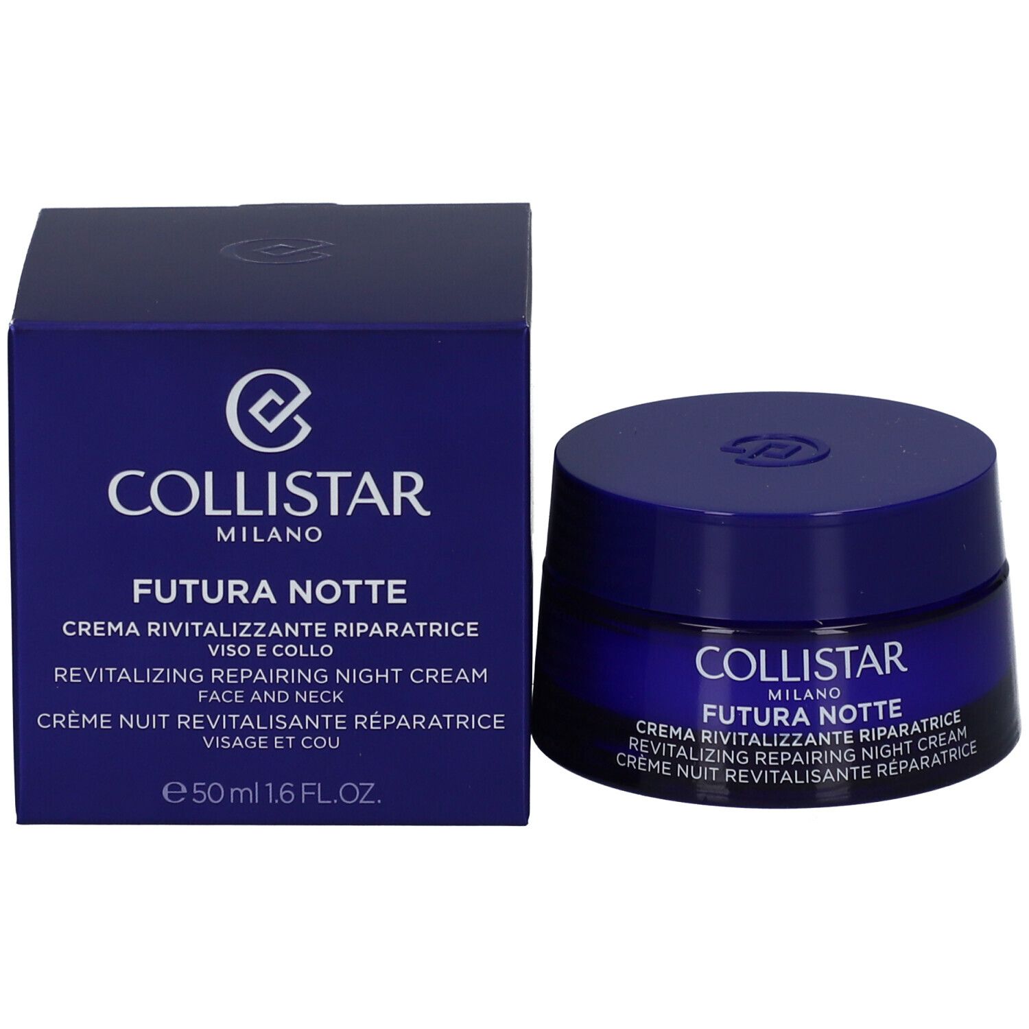 Donkerblauwe doos en crèmepot. Opschrift: COLLISTAR FUTURA NOTTE. 50 ml. Revitaliserende nachtcrème.