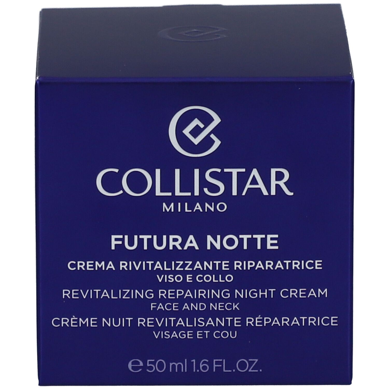 Donkerblauwe doos. Opschrift: COLLISTAR MILANO FUTURA NOTTE. 50 ml. Revitaliserende nachtcrème.