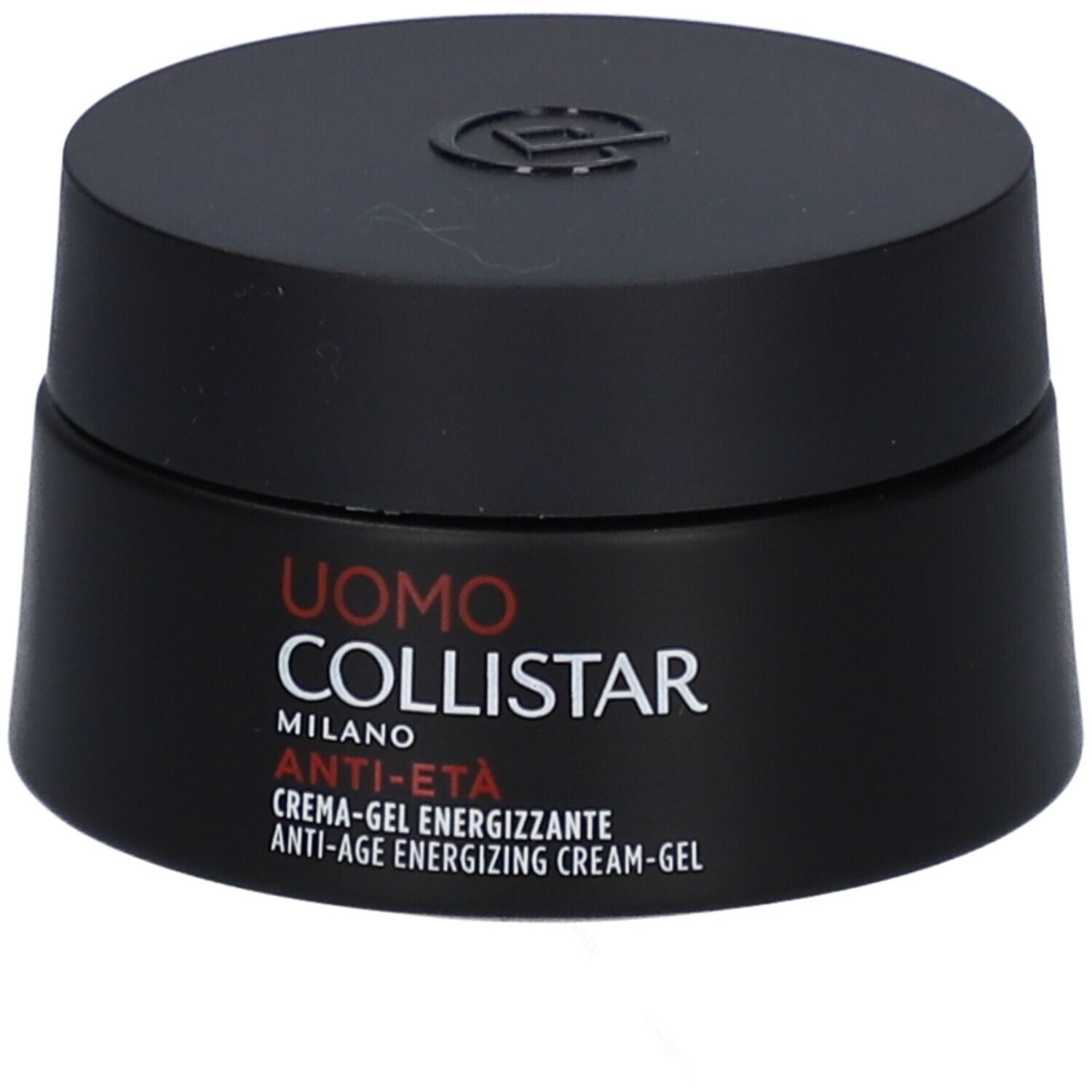 Zwarte pot met deksel. Opschrift: Uomo Collistar Milano, Anti-Età, Crème-Gel Energizzante.