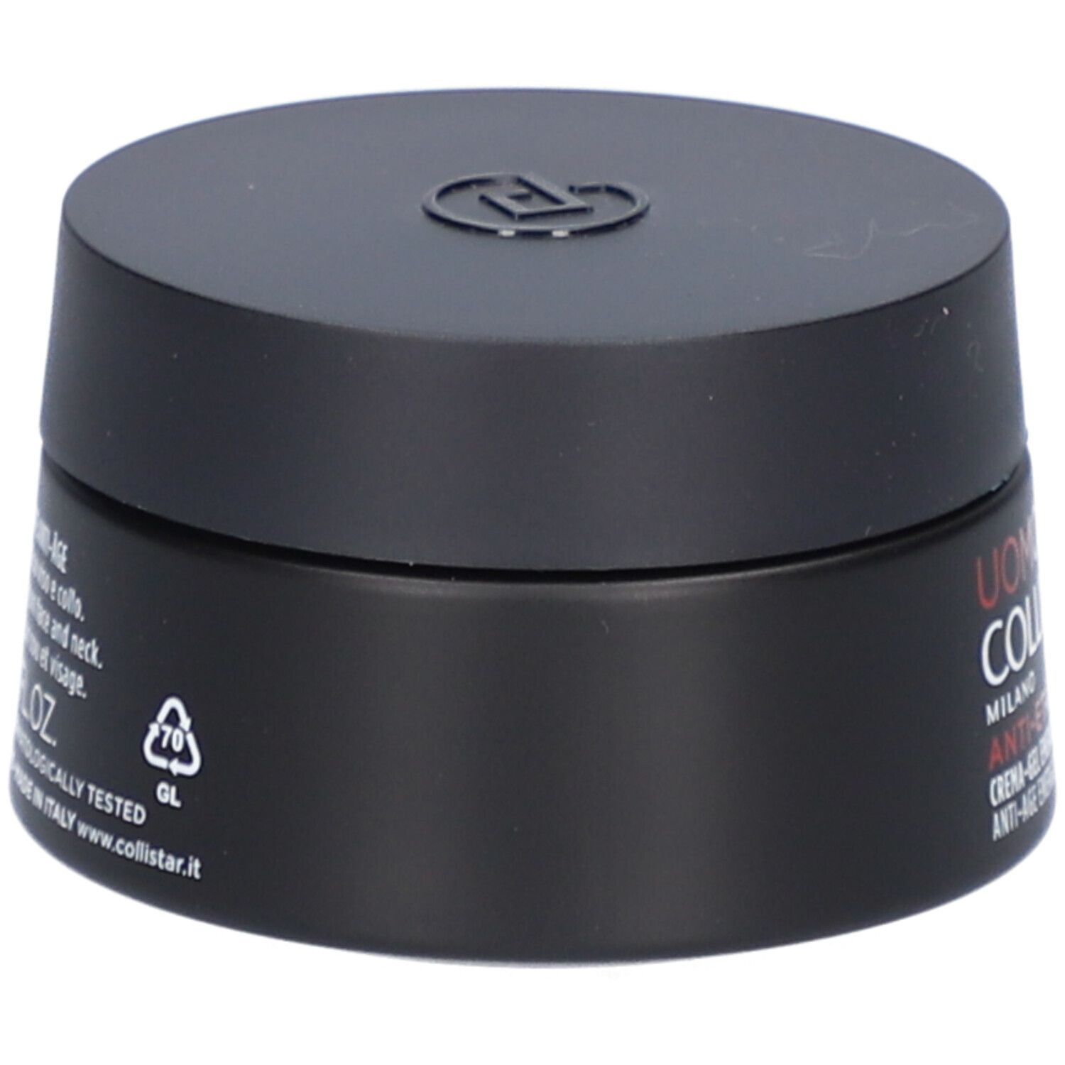Zwarte pot met deksel. Opschrift: Uomo Collistar Milano, Anti-Età, Crème-Gel Energizzante.