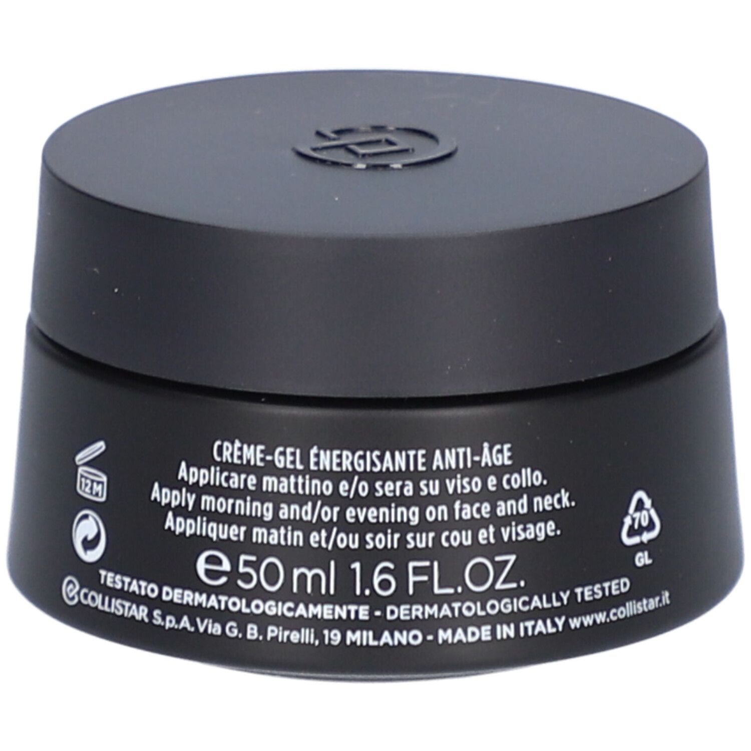 Zwarte pot met deksel. Opschrift: Crème-Gel Energizzante Anti-Âge, 50 ml, 1.6 FL.OZ.