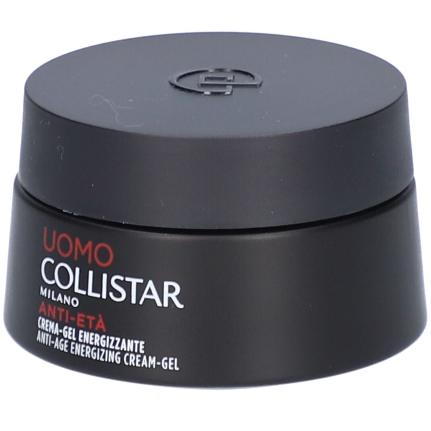 Zwarte pot met deksel. Opschrift: Uomo Collistar Milano, Anti-Età, Crème-Gel Energizzante.