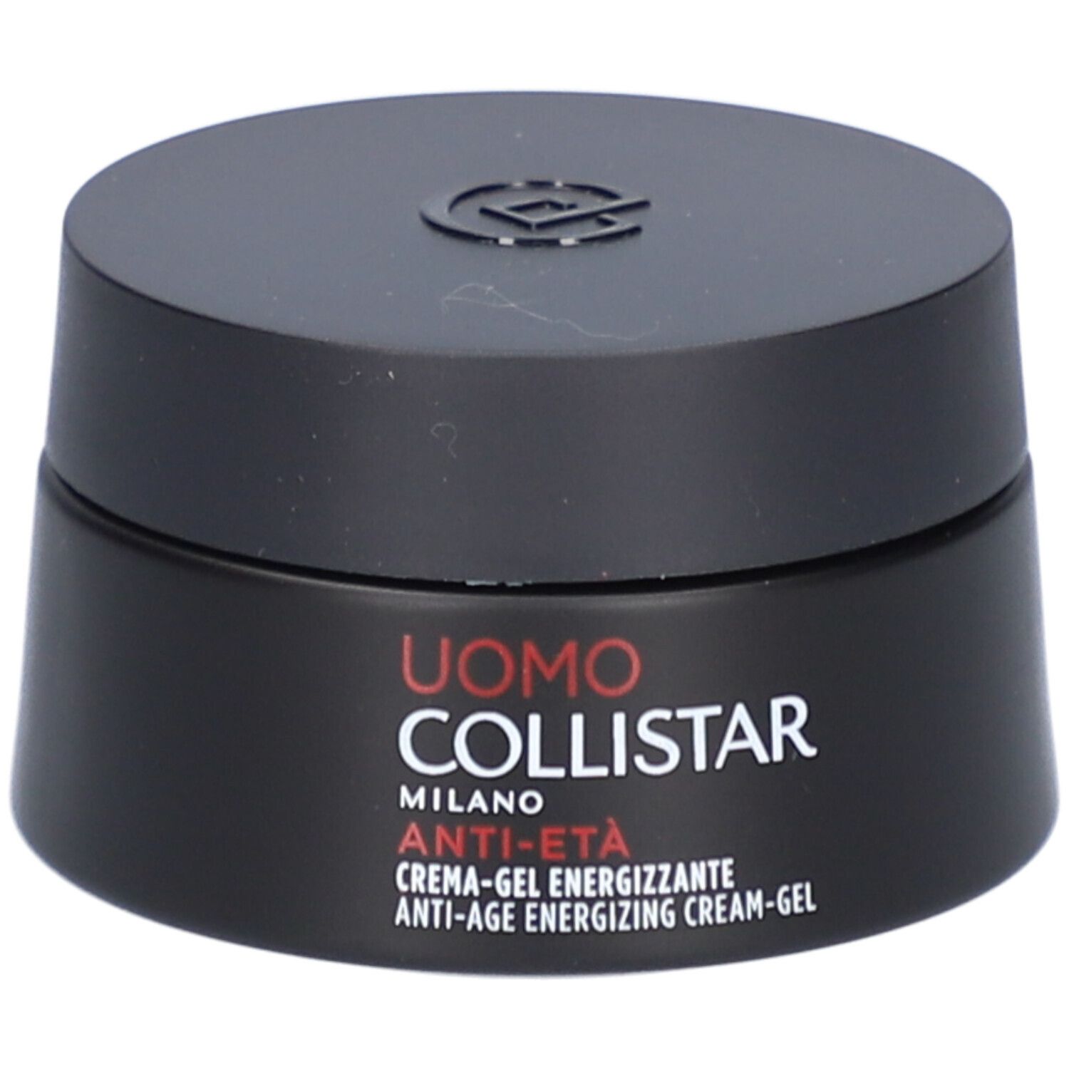 Zwarte pot met deksel. Opschrift: Uomo Collistar Milano, Anti-Età, Crème-Gel Energizzante.