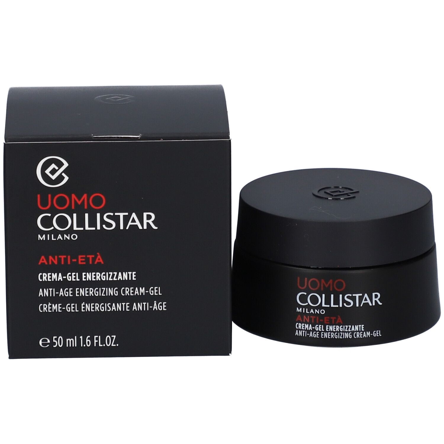 Zwarte doos en pot. Opschrift: Uomo Collistar Milano, Anti-Età, Crème-Gel Energizzante, 50 ml.
