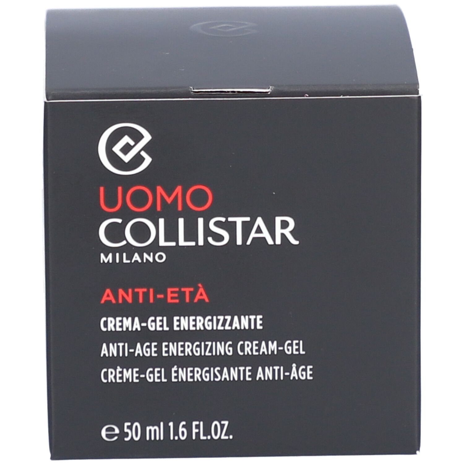 Zwarte doos. Opschrift: Uomo Collistar Milano, Anti-Età, Crème-Gel Energizzante, 50 ml.