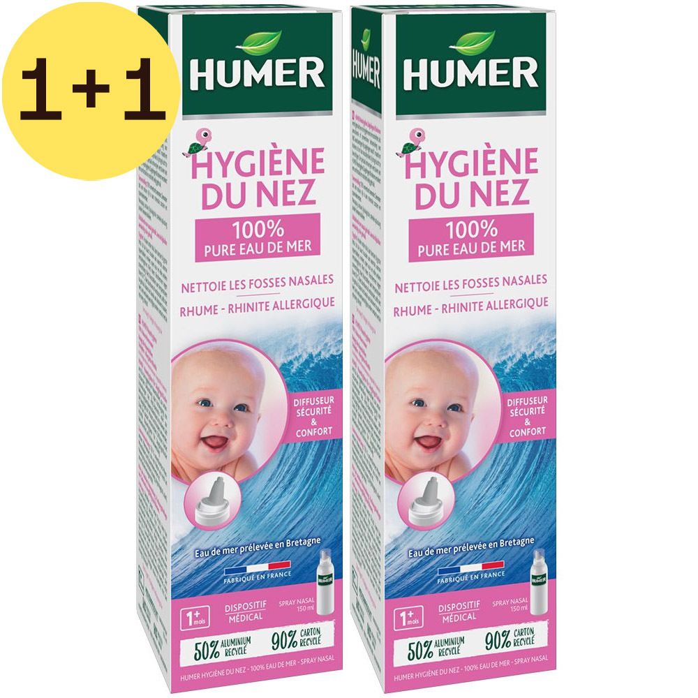 Deux boîtes Humer Hygiène du Nez. Emballage rose et blanc avec photo de bébé. Texte: 1+1 GRATUIT.