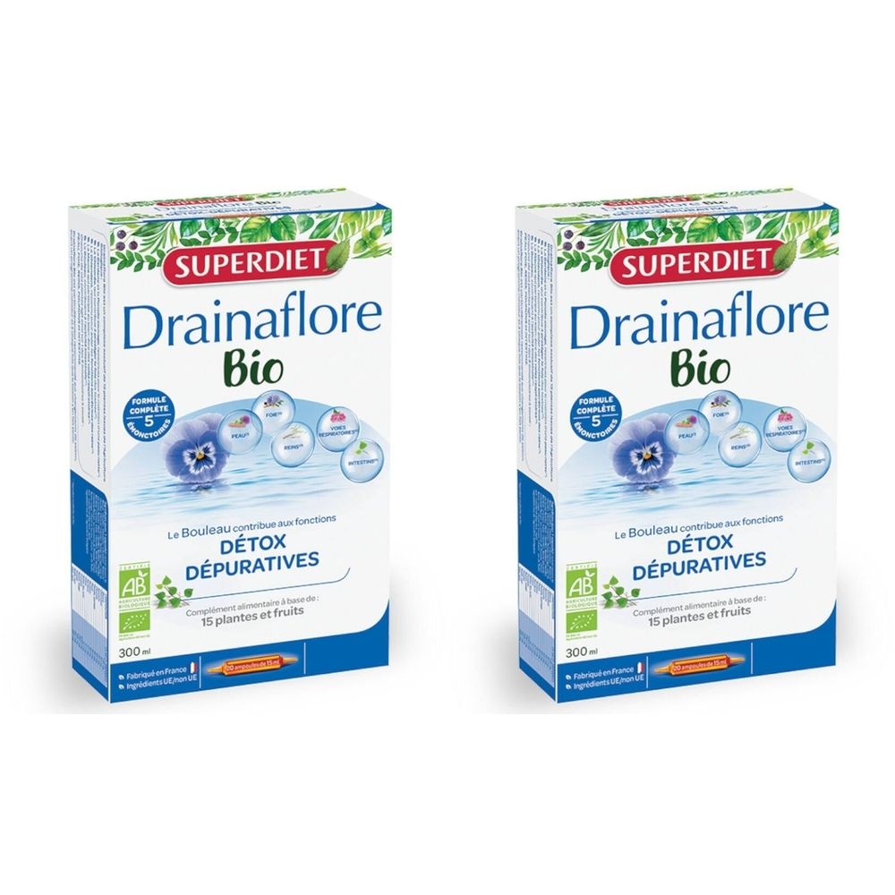 Deux boîtes de Super Diet Drainaflore Bio. Blanc, bleu et vert. Inscription: Detox, Dépuratives, certification AB. 300 ml.