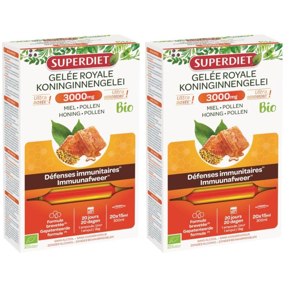 Twee dozen Superdiet Gélée Royale 3000mg Bio. Witte verpakking met productnaam, honingraat illustratie en Bio label.