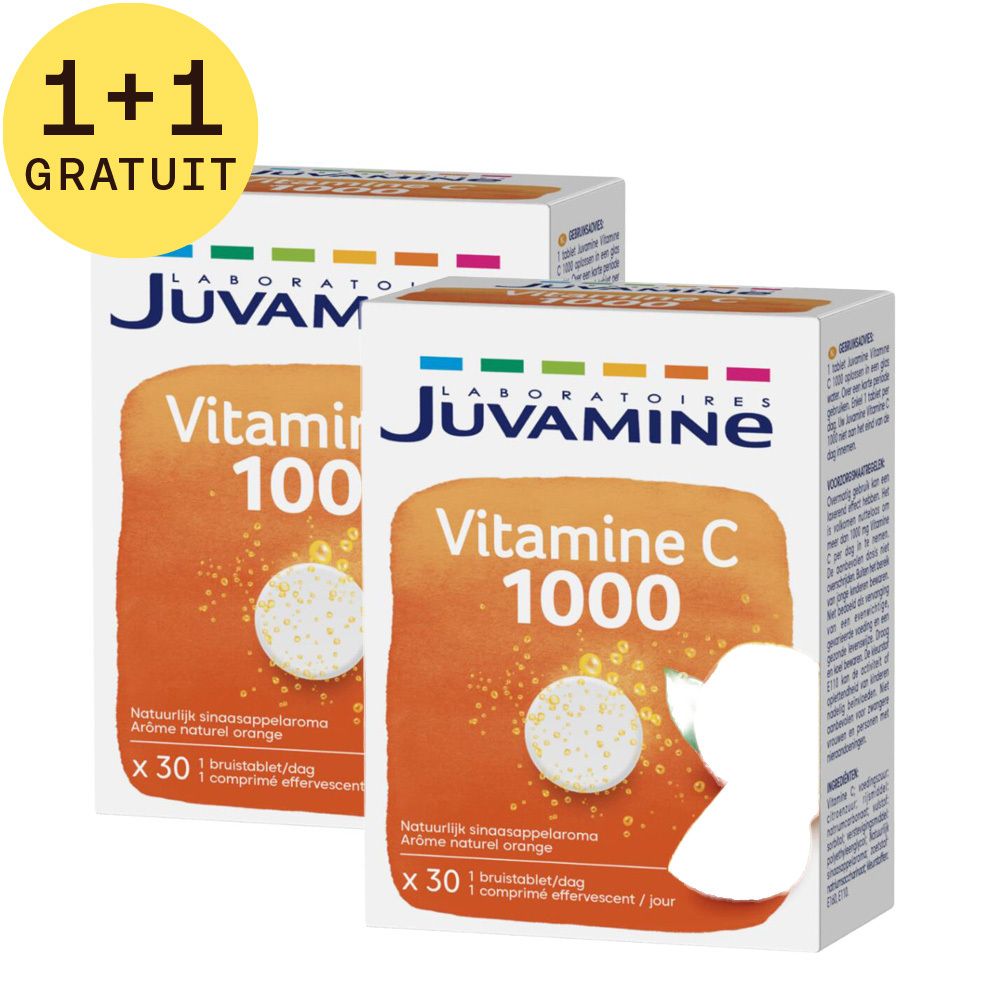 Deux boîtes de Juvamine Vitamine C 1000. Inscription: Vitamine C 1000, 30 comprimés effervescents. Avec autocollant '1+1 gratuit'.